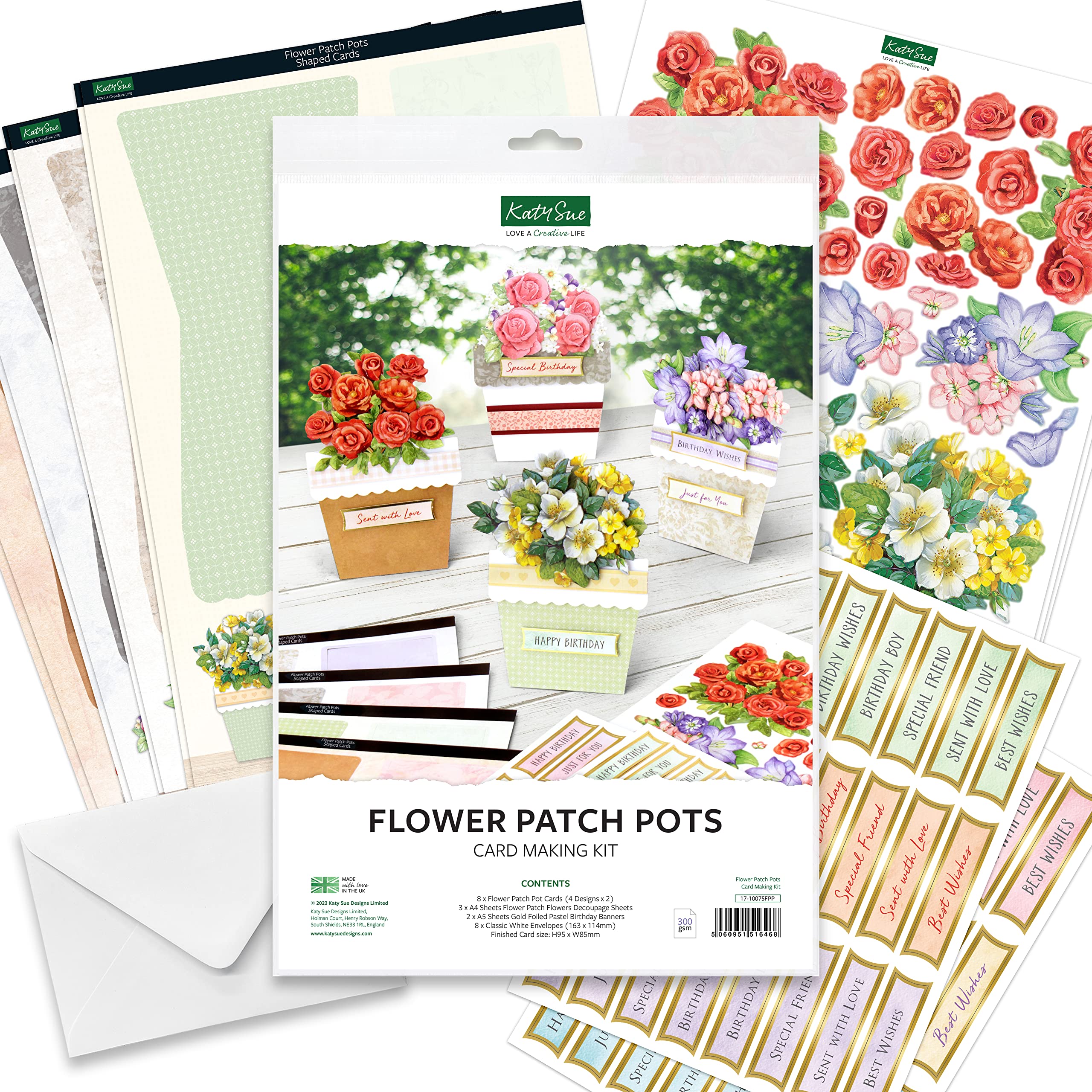 Katy Sue Flower Patch Pots Card Making Kit. 8 Cards, 8 Envelopes, 3 Sheets of Floral Die-Cut Decoupage, Adhesive Pads, & 2 Sheets of Birthday Sentiments Banners for Card Making Supplies