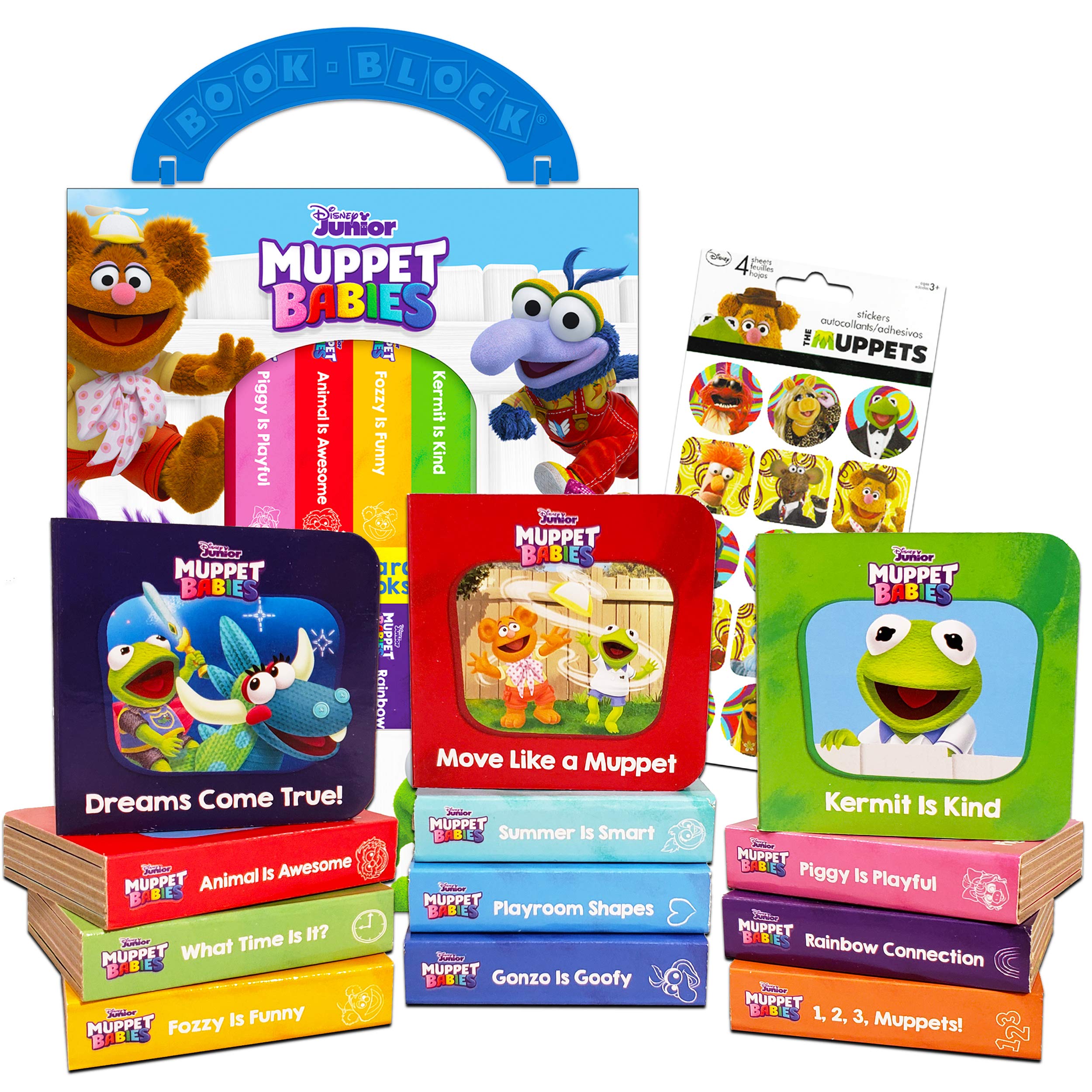 Disney Junior Muppet Babies Board Books Set Toddlers Babies Bundle ~ Pack of 12 Chunky My First Library Board Book Block with Stickers (Muppets Books for Infants)