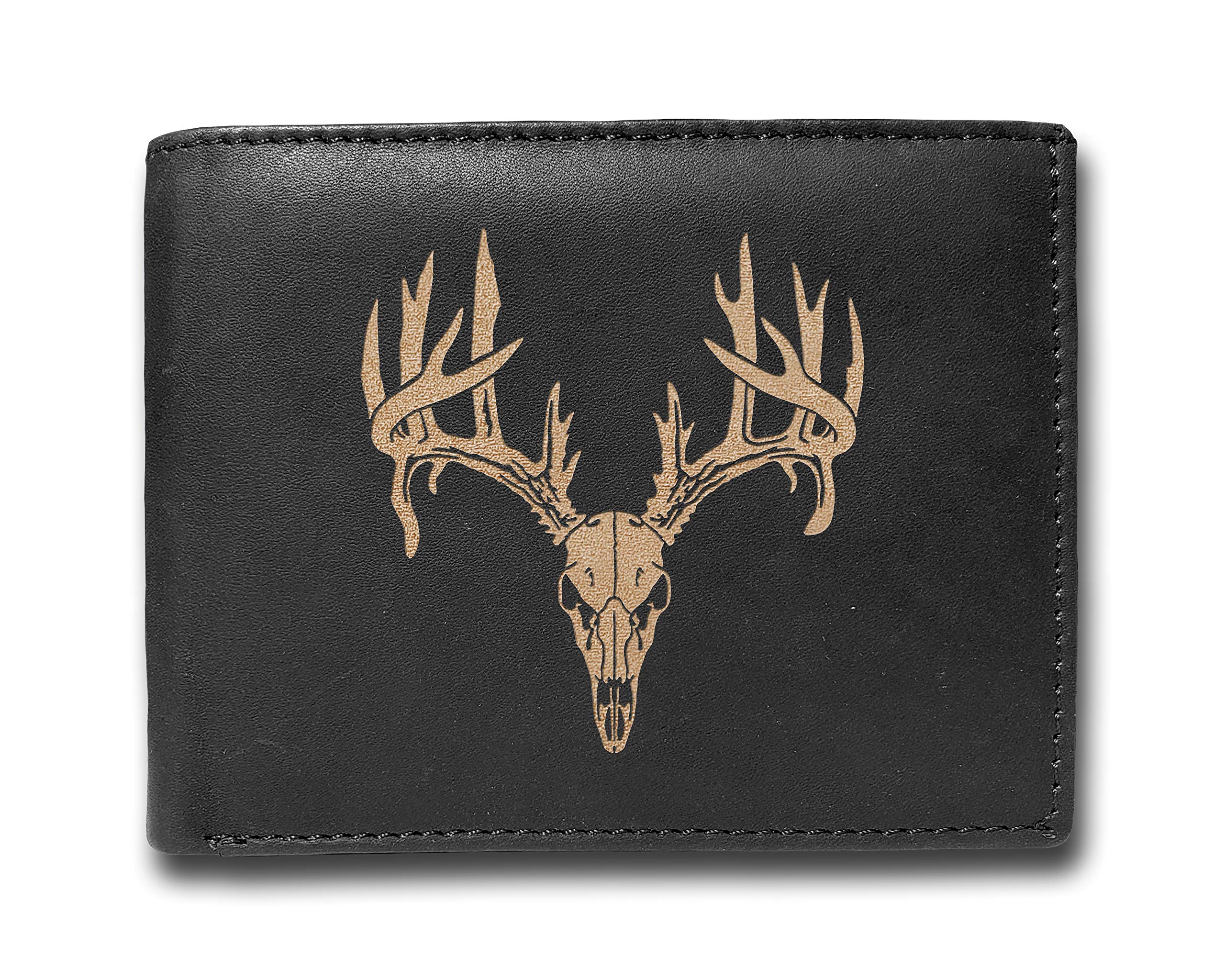 Deer Buck Antlers Skull Hunting Cowhide Leather Laser Engraved Engraving Slimfold Mens Large Capacity Luxury Wallet Purse Minimalist Sleek Slim BLACK Credit Card Holder Organizer 14 Pocket with RFID