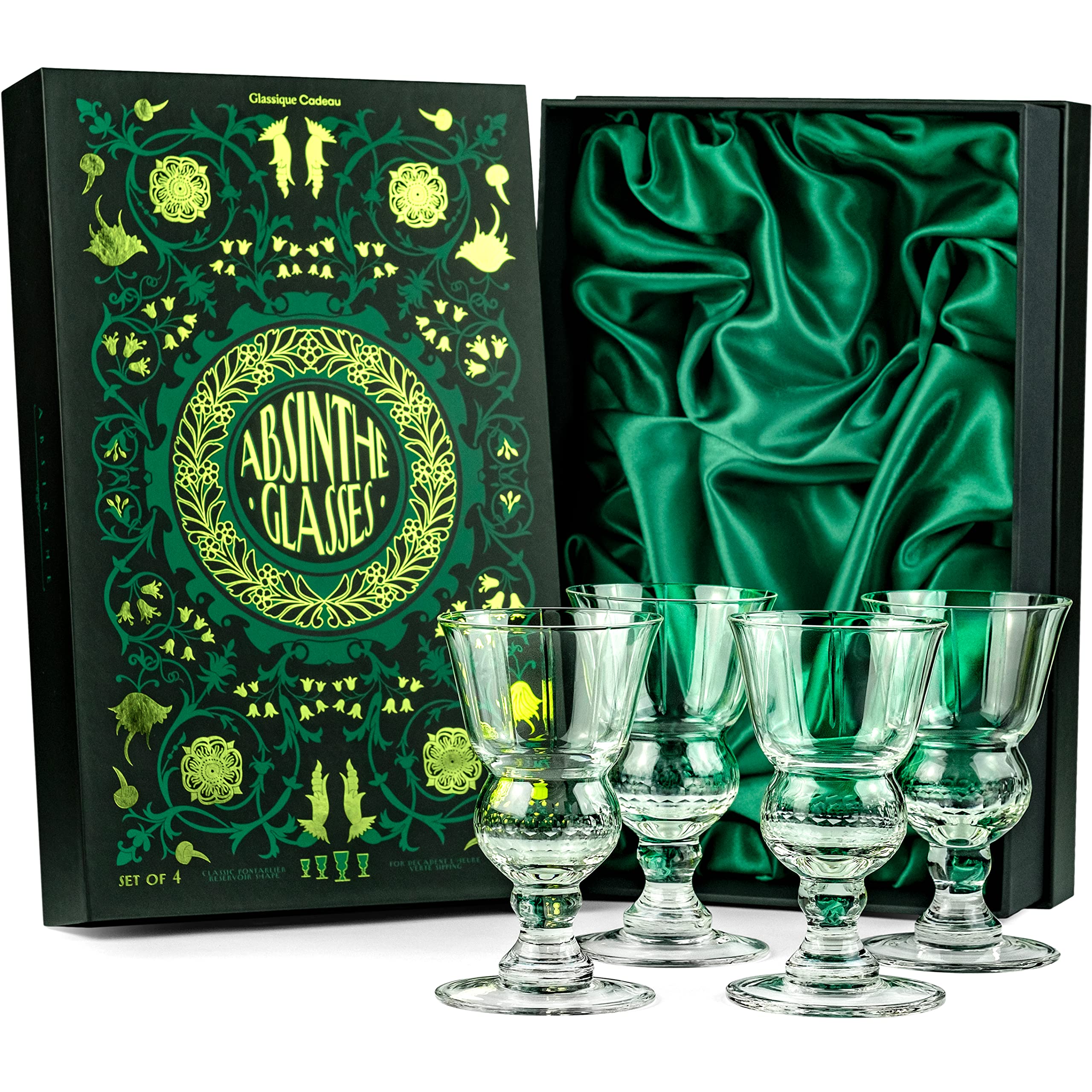 Vintage Crystal Absinthe, Sambuca, Raki, Pastis, Ouzo Glasses | Set of 4 | Short Stemmed 6.5 oz Goblets with Bubble Reservoir for Drinking Green Fairy | Handblown Small Wine Bistro Glassware