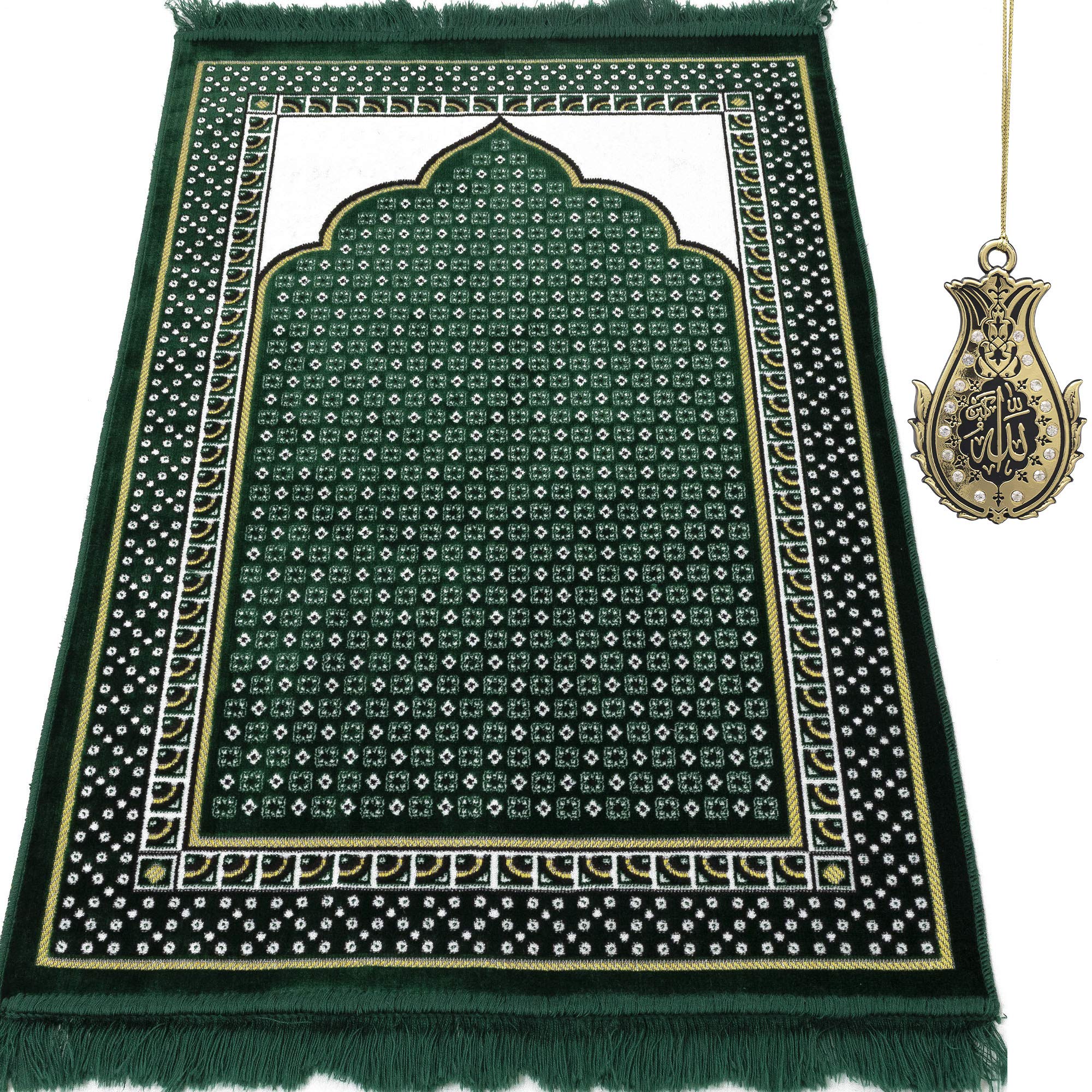 Modefa Turkish Islamic Prayer Rug - Thin & Lightweight Velvet Praying Carpet - Soft Muslim Praying Mat Janamaz - Ramadan or Eid Gift for Men & Women - with Car Hanger - Dancing Rose Vine (Green)