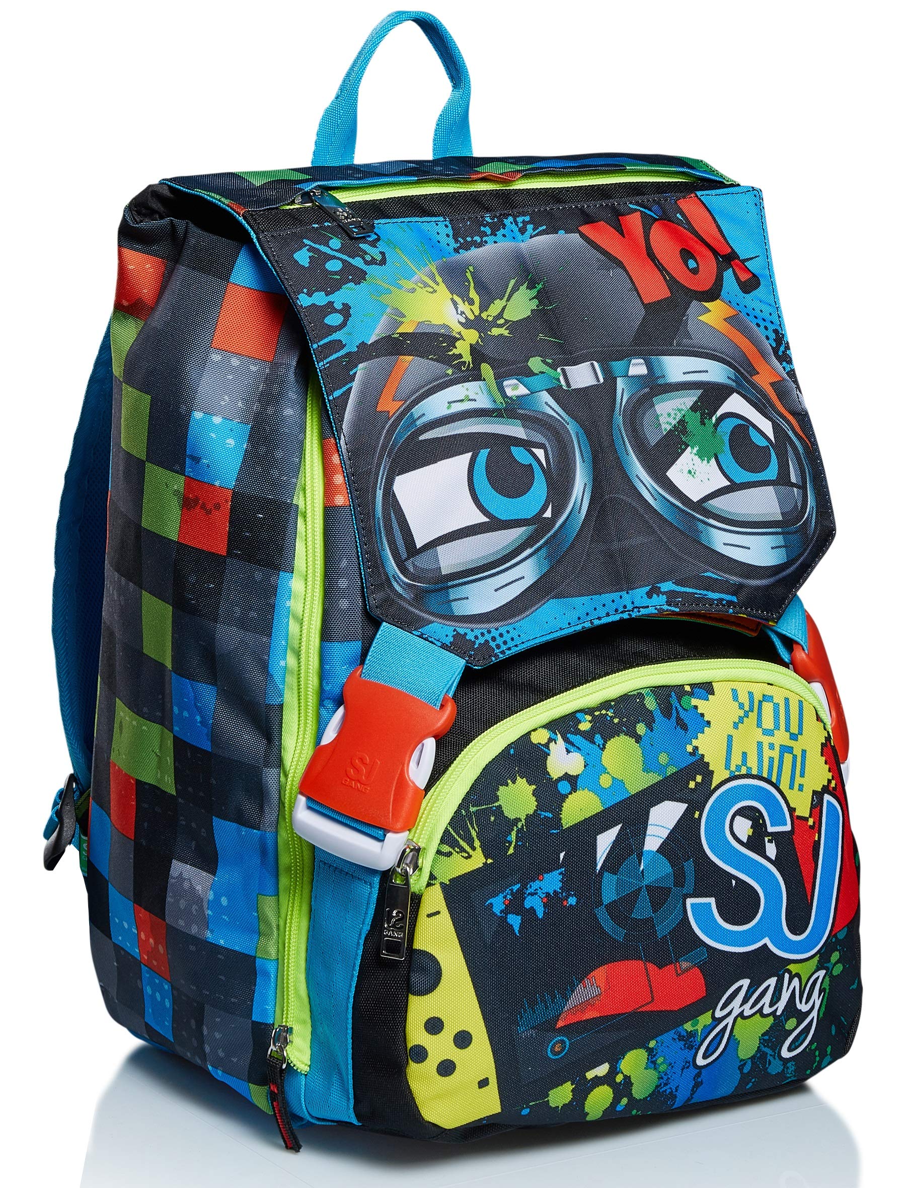 SJ GANG STYLE JAM GANGSJ Backpack, School Bag for Primary School, from 1st Grade, Expandable School Bag, Extra Volume, Spacious School Bag for Girls and Boys, Multicolor/Pattern, with Flip System