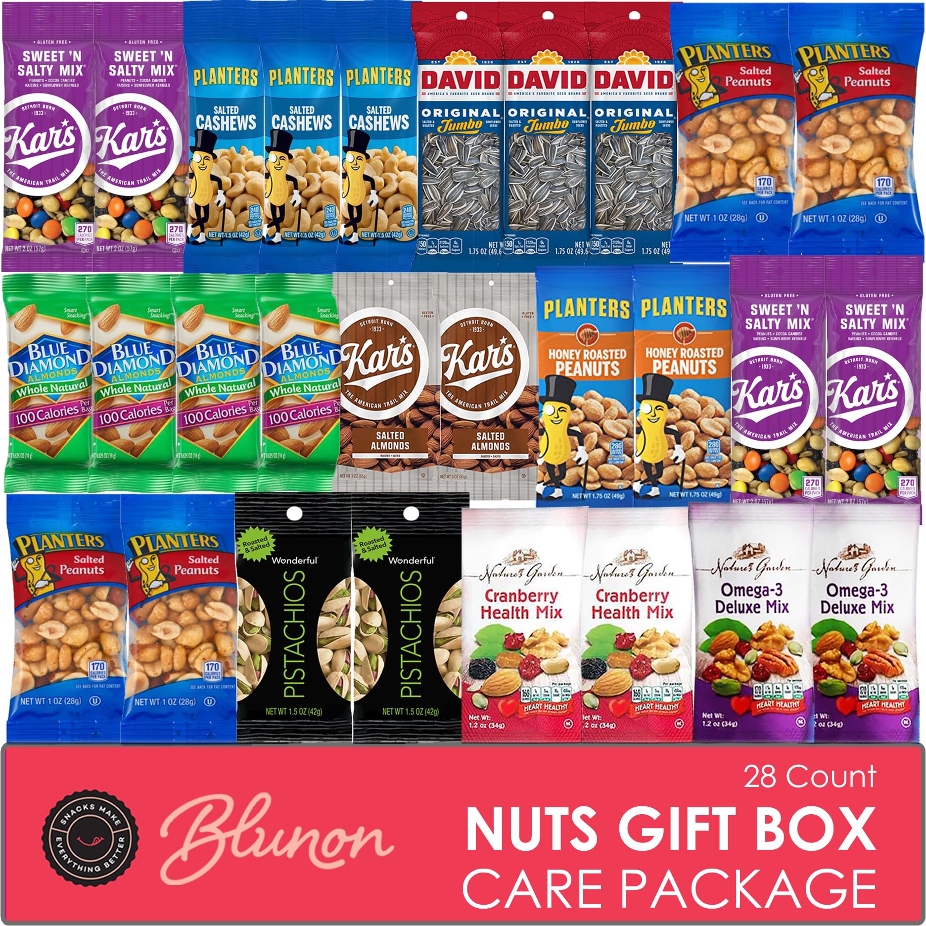 Nuts Snack Packs - Mixed Nuts and Trail Mix Individual Packs - Healthy Snacks Care Package Gift (28 Count)