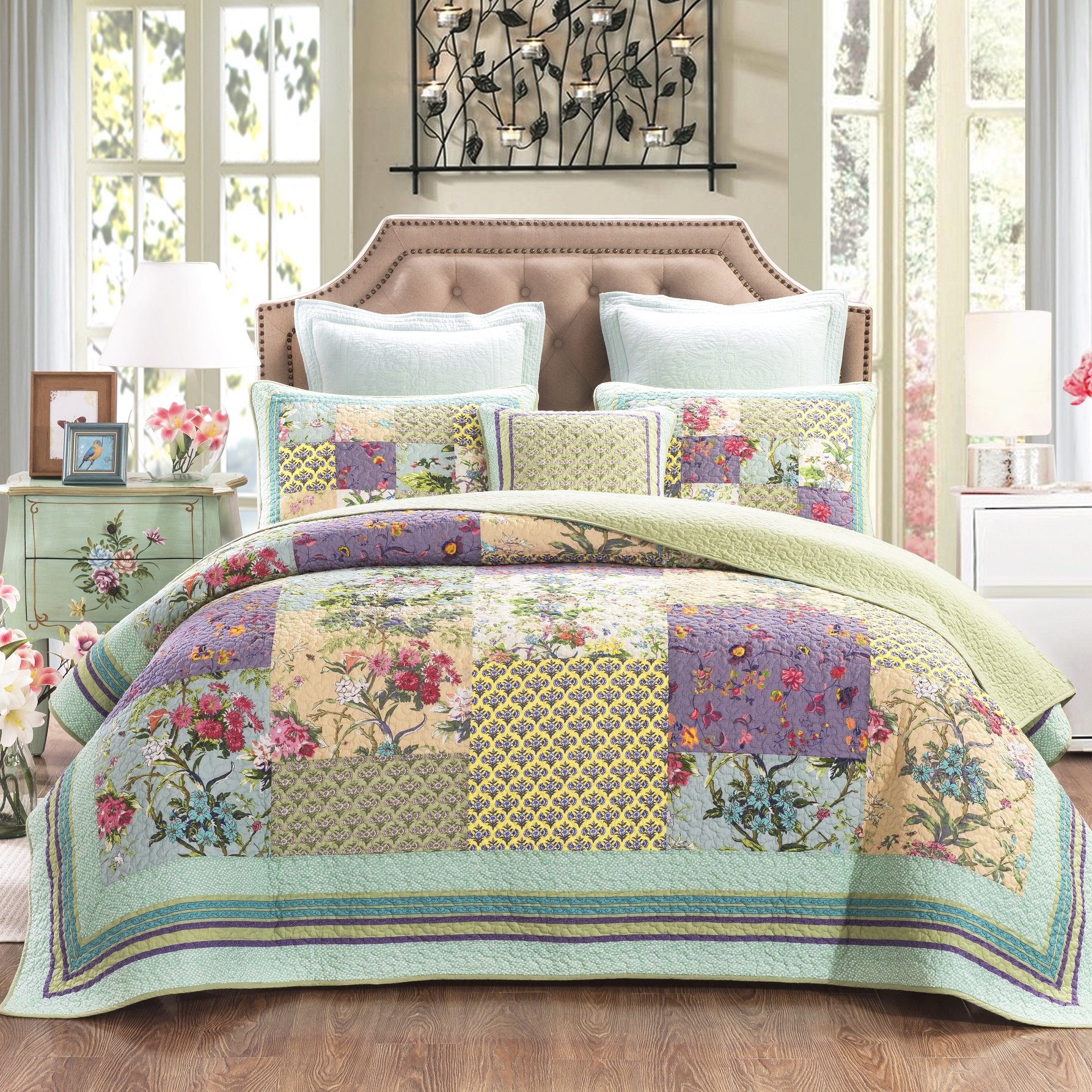 YAYIDAY Quilt King Size Patchwork Bedspread Set - 100% Cotton Reversible Breathable Colorful Floral Quilted Bedspreads with Pillow Shams Fit All Seasons