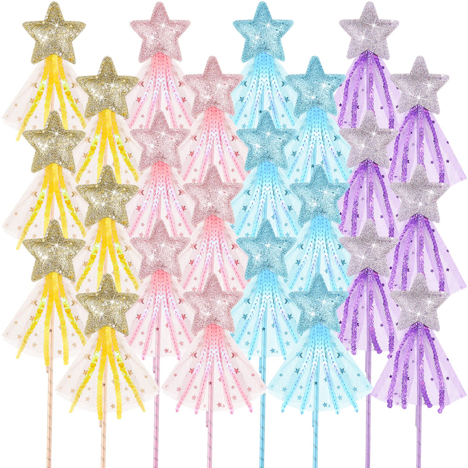 Honoson Glitter Star Magic Wand Princess Wand Fairy Wand Angel Star Wand Stick with Ribbon for Girl Kid Birthday Wedding Princess Dress up Role Play Party Supply Favor, Pink Purple Gold Blue(24 Pcs)