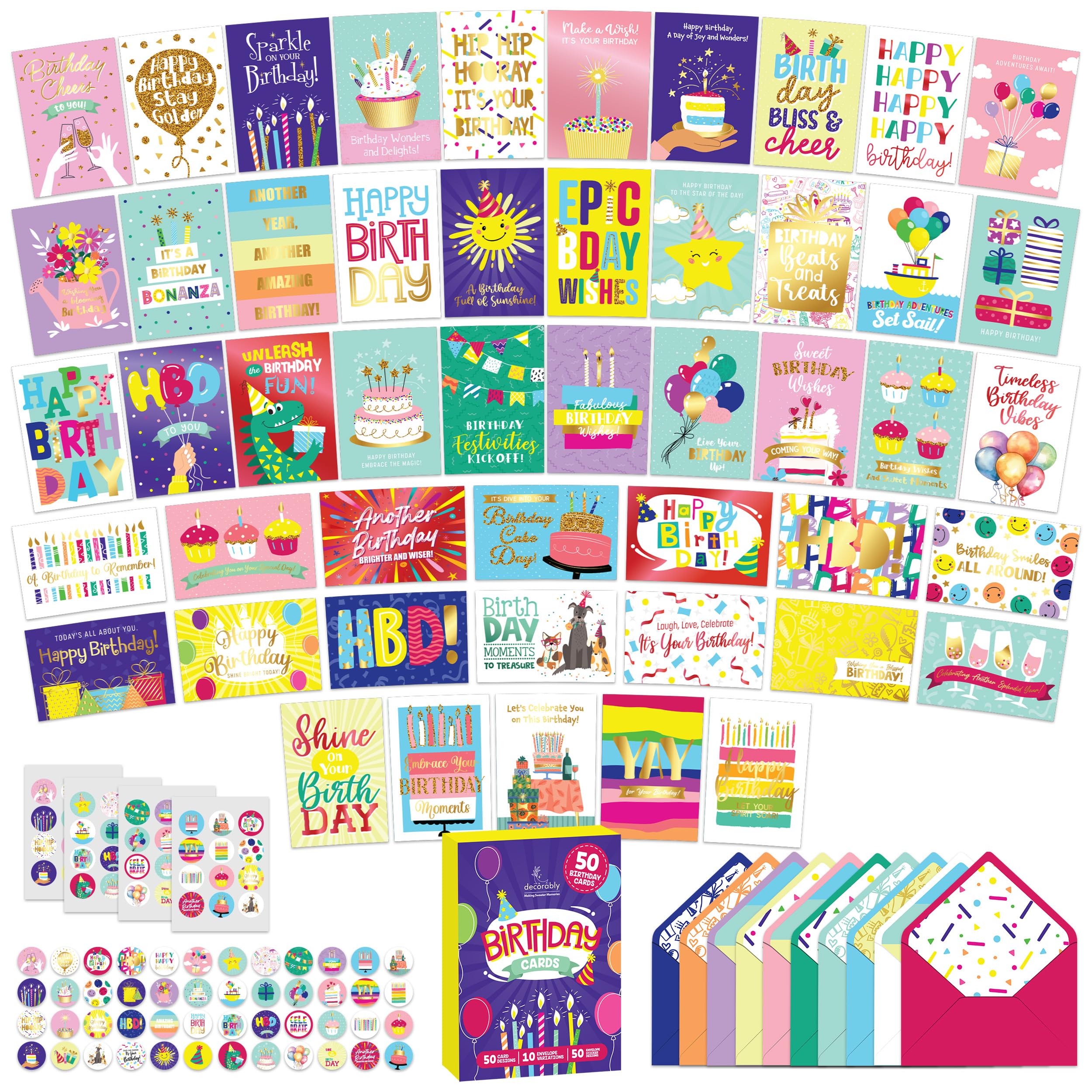 Decorably50 Pack Foiled & Glittery Assorted Birthday Cards with Envelopes & Stickers - 50 Unique Designs Printed Message Happy Birthday Cards Bulk, 6x4in Box of Birthday Cards with Envelopes