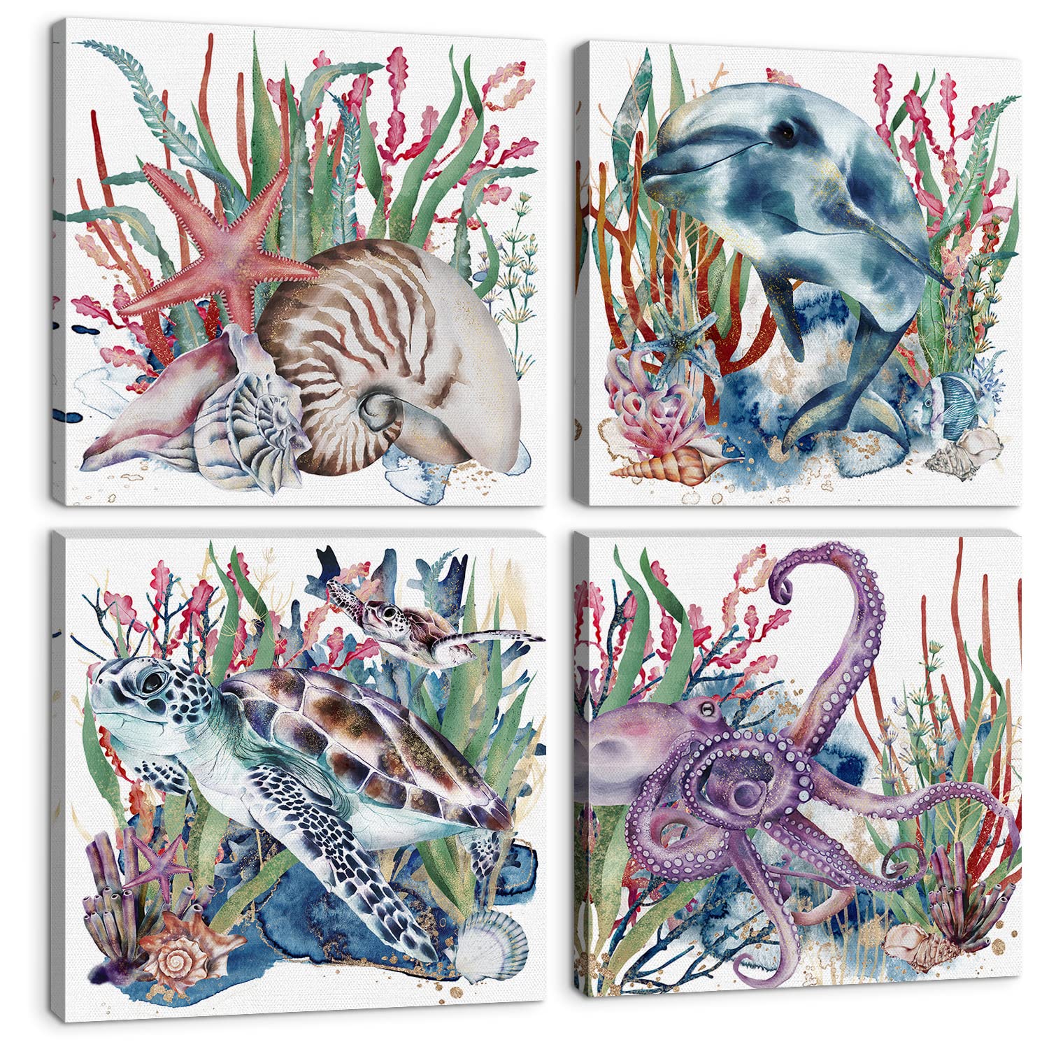 Nautical Theme Canvas Wall Art for Kids Bedroom Colorful Sea Turtle Dolphin Octopus Wall Decor Ocean Life Prints Pictures 12x12" 4Pcs Rustic Artworks Paintings for Bathroom Nursery Home Decoration