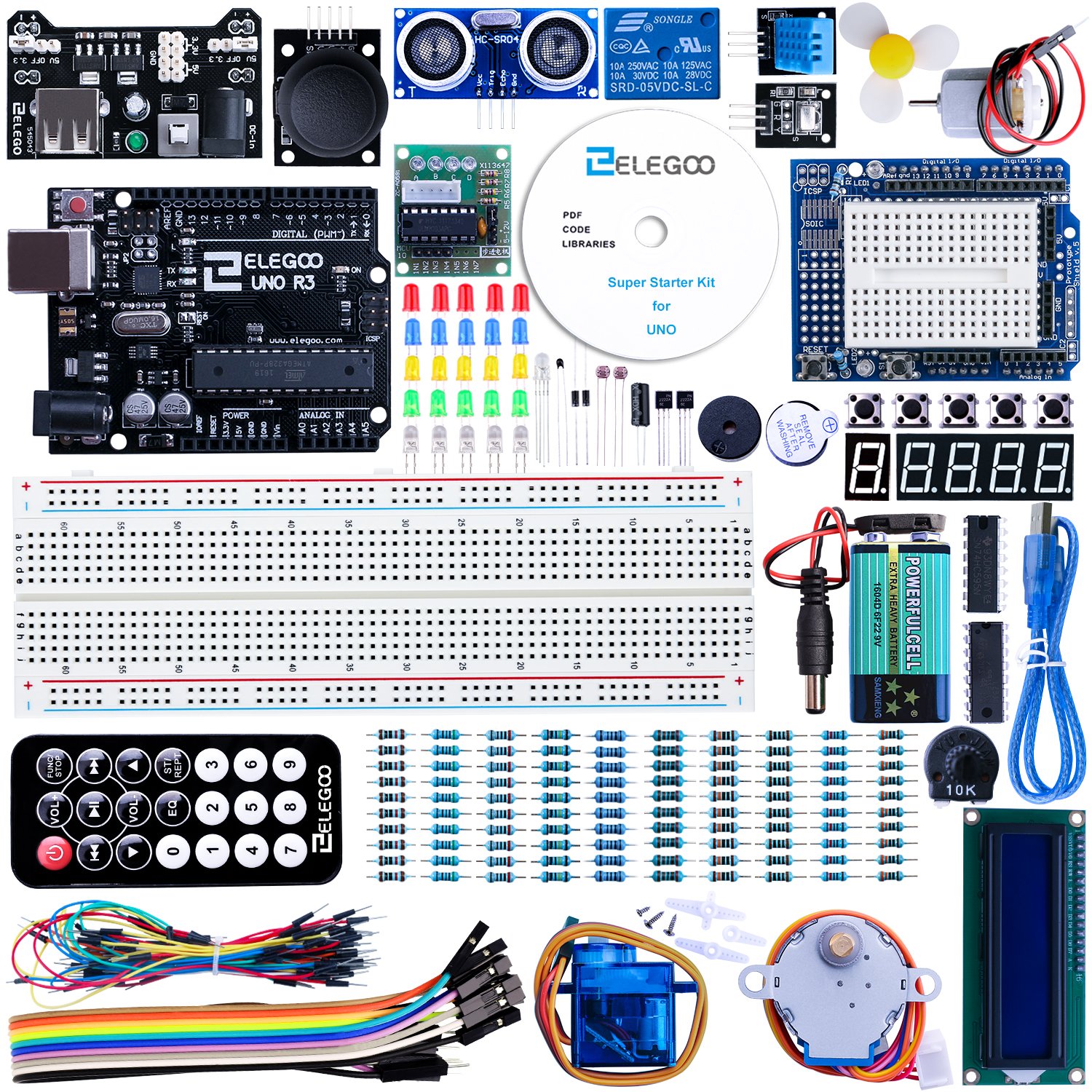 ELEGOO UNO Project Super Starter Kit with Tutorial, UNO R3 Controller Board, LCD1602, Servo, Stepper Motor, Relay etc. for Arduino Projects