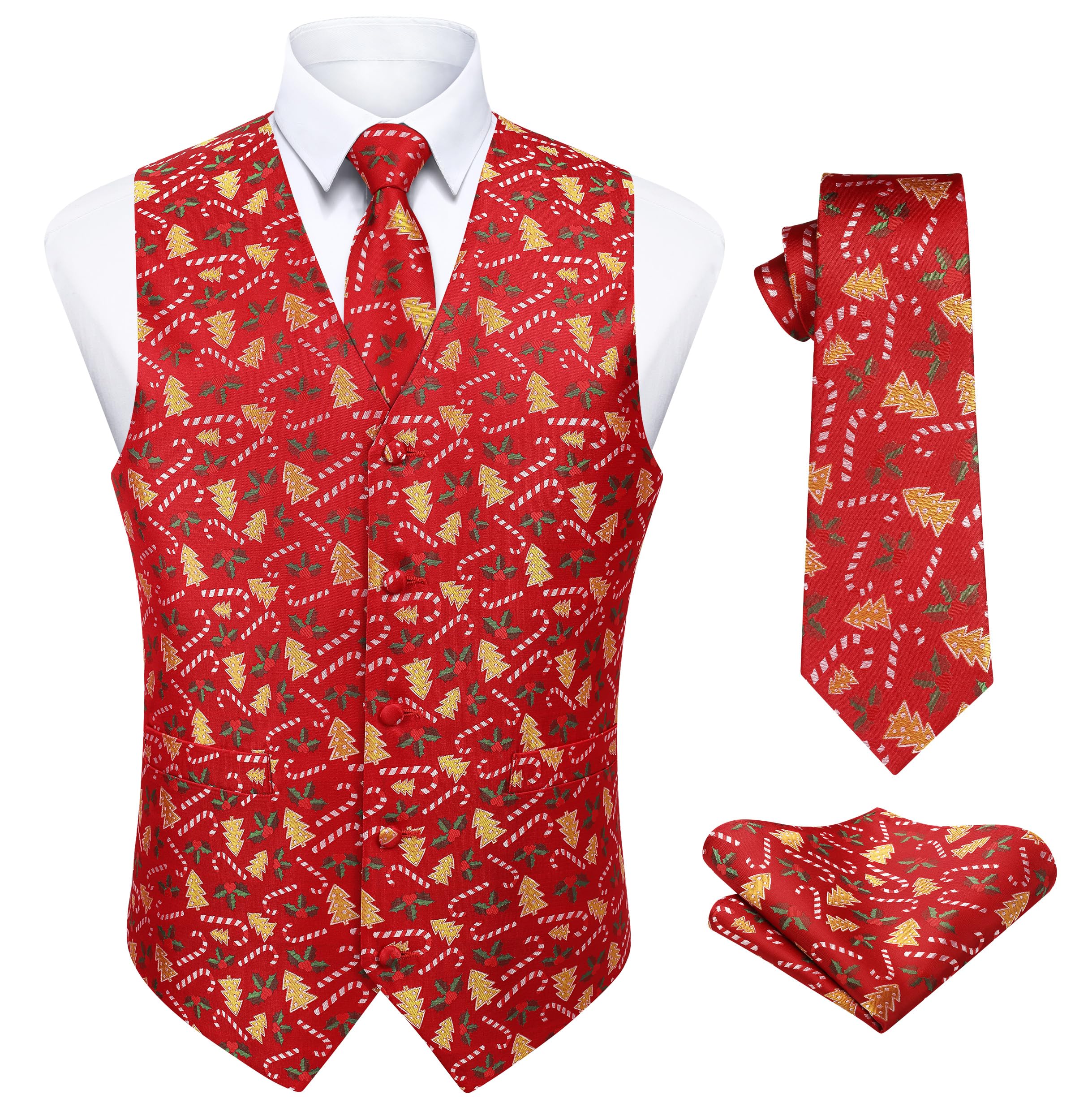 EnlisionMens Suit Vest Christmas Xmas Fun Jacquard Waistcoat Tie Pocket Square Set Festival Holiday Party Dress Vests