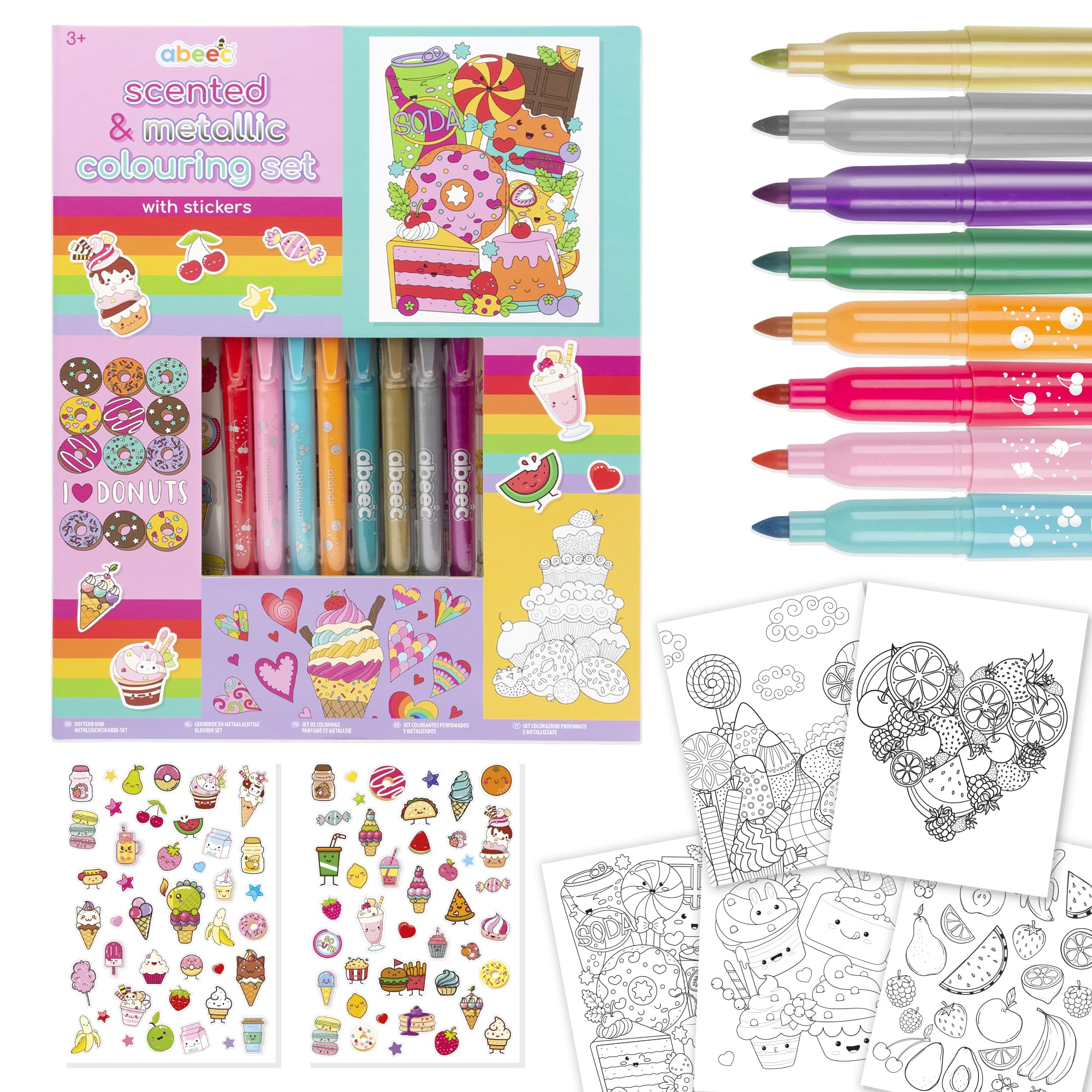 abeec Scented & Metallic Colouring Set with Stickers for Kids Aged 3 and above, 80 Pages, 4 Scented Markers, 4 Metallic Markers, Cake & Ice Cream Theme