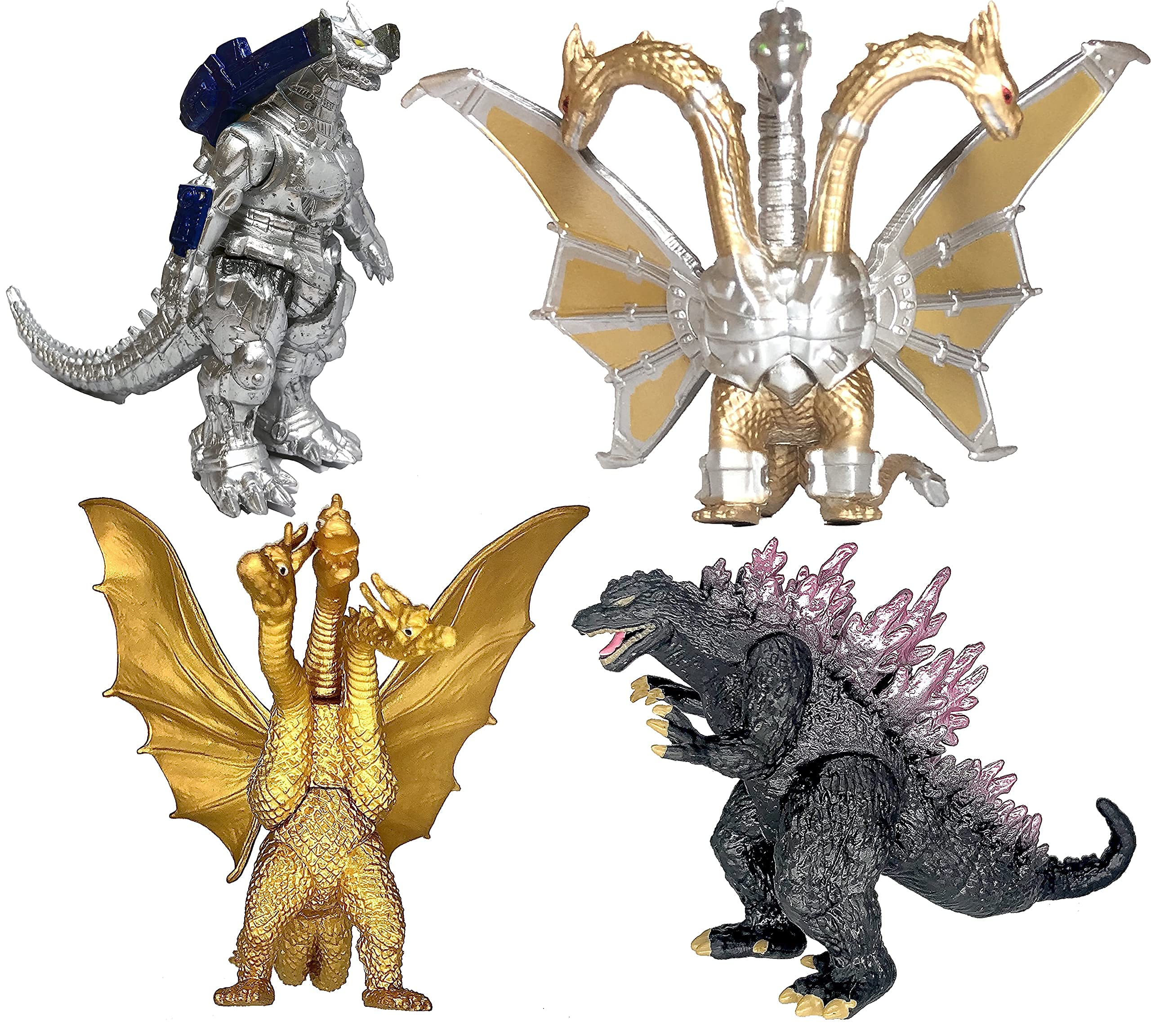 TwCare Set of 4 Godzilla Toys Movable Joint Action Figures King of The Monsters Burning Heisei Mecha Ghidorah Pack Plastic Mini Dinosaur Birthday Kids Cake Toppers Package