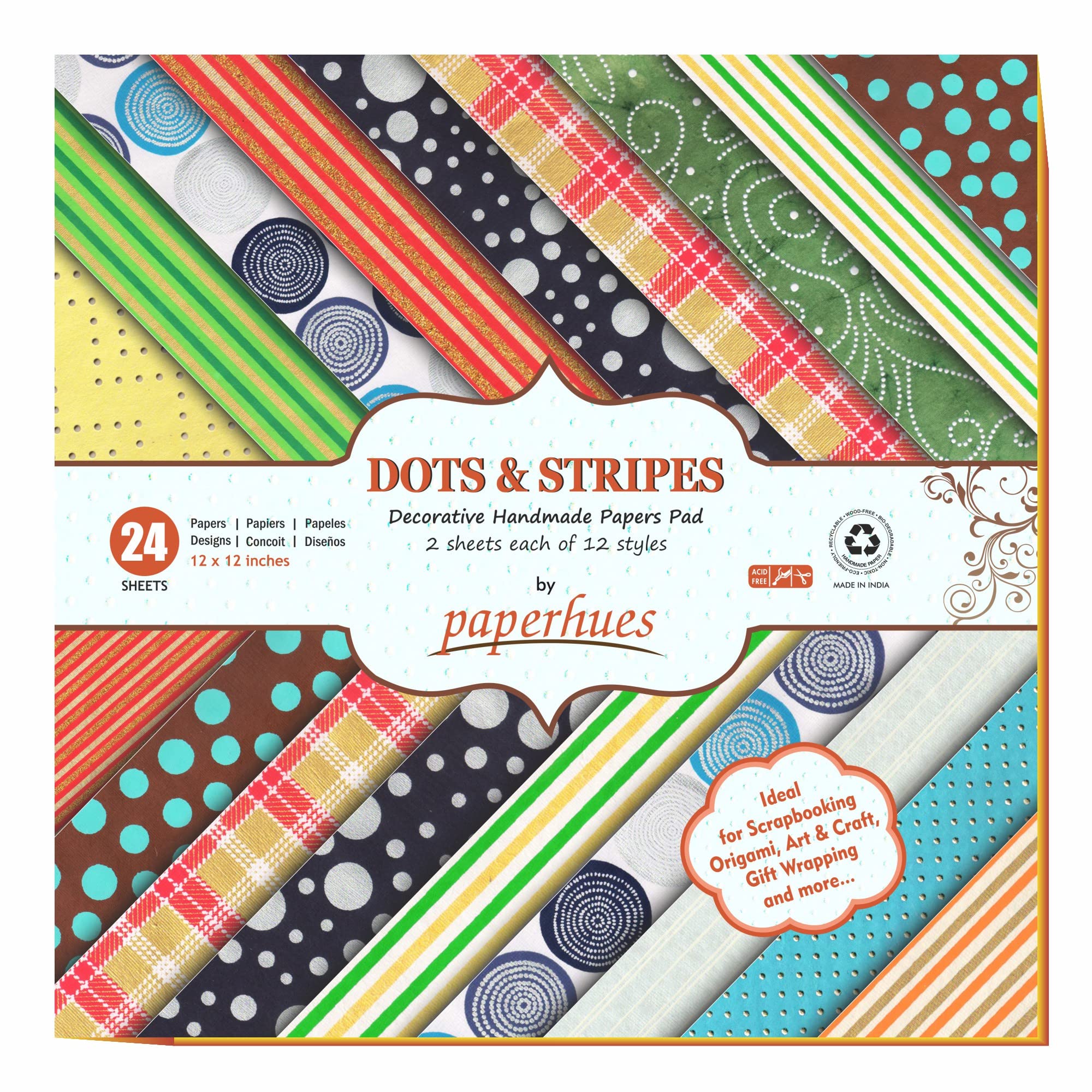 Paperhues Dots & Stripes Scrapbook Paper 12 x 12" Pad, 24 Sheets