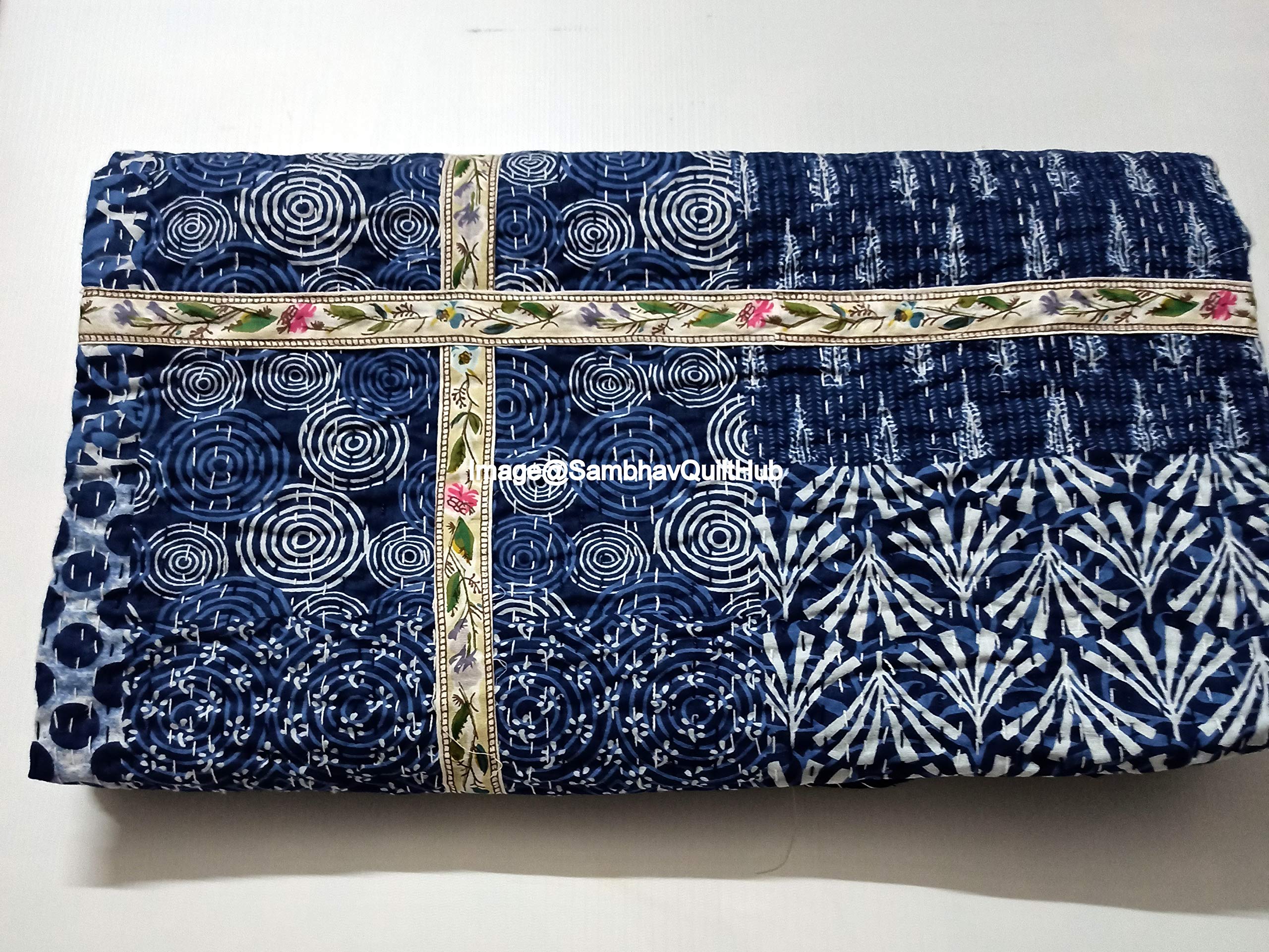 Blue Indigo Print Less Cotton Handmade Handblock Quilted Blanket Indian Cottodspread Kantha Indigo Print Beork Bohemian Bed Decor Block Throw Blanket Twin/King/Queen (60X90 inch)