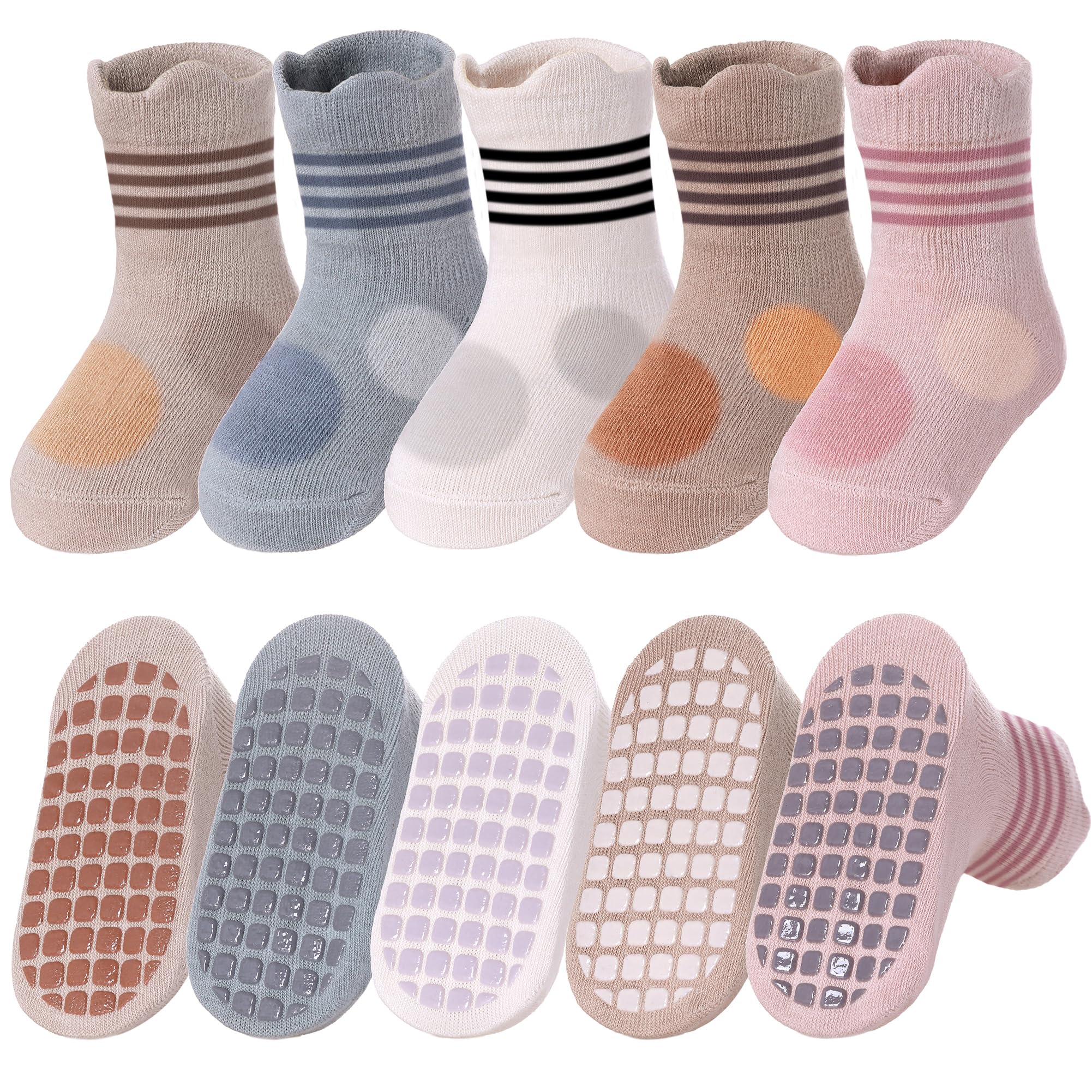 Dosoni Toddlers Non Slip Socks with Grips Baby Girls Boys Anti Skid Crew Cotton Gift Socks for Infants Kids, 5 Pairs Style a, 6-12 Months