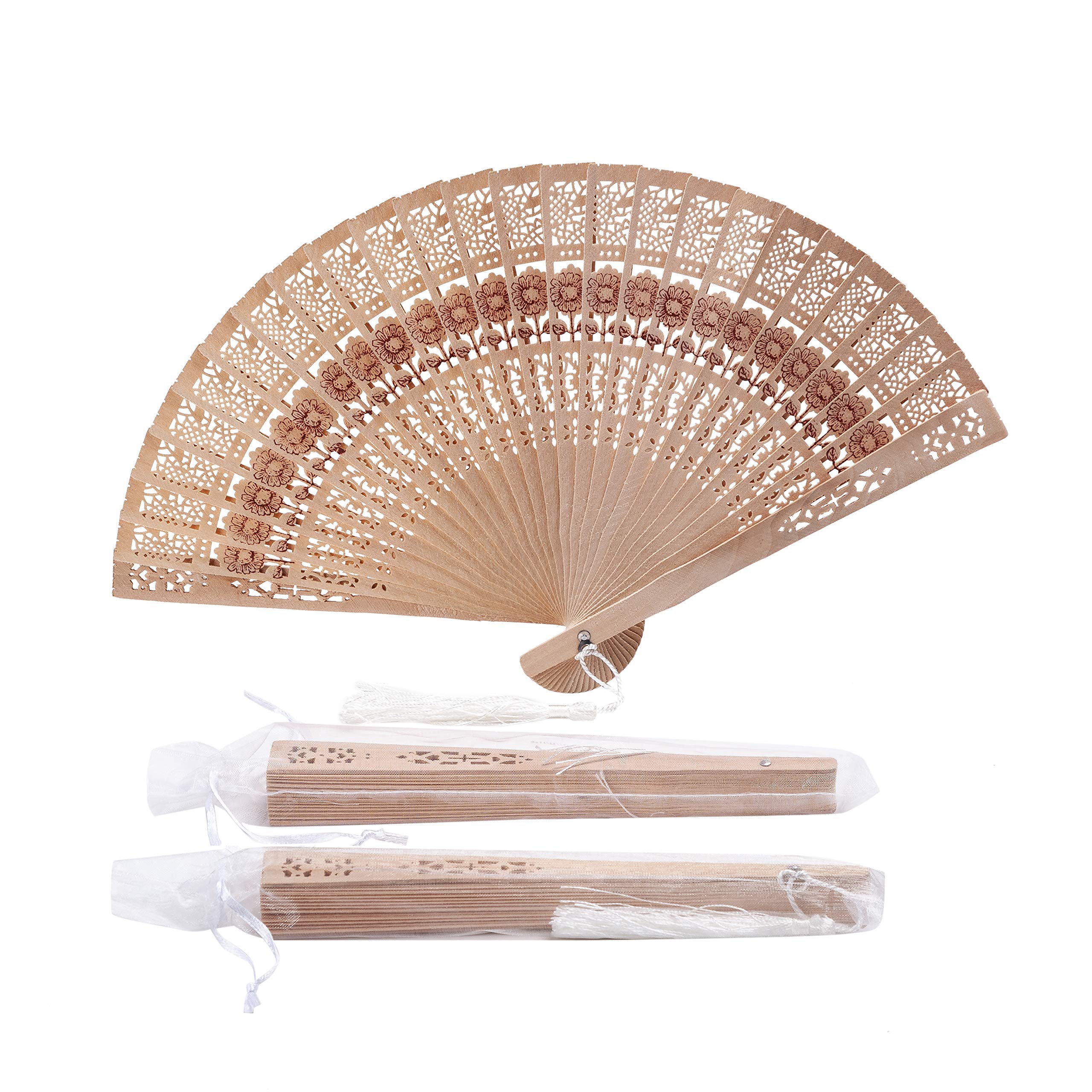 Set of 50pcs Sandalwood Fan Baby Shower Party Favors with Organza Bags and Tassels Wooden Folding Fan(Sunflower Pattern)