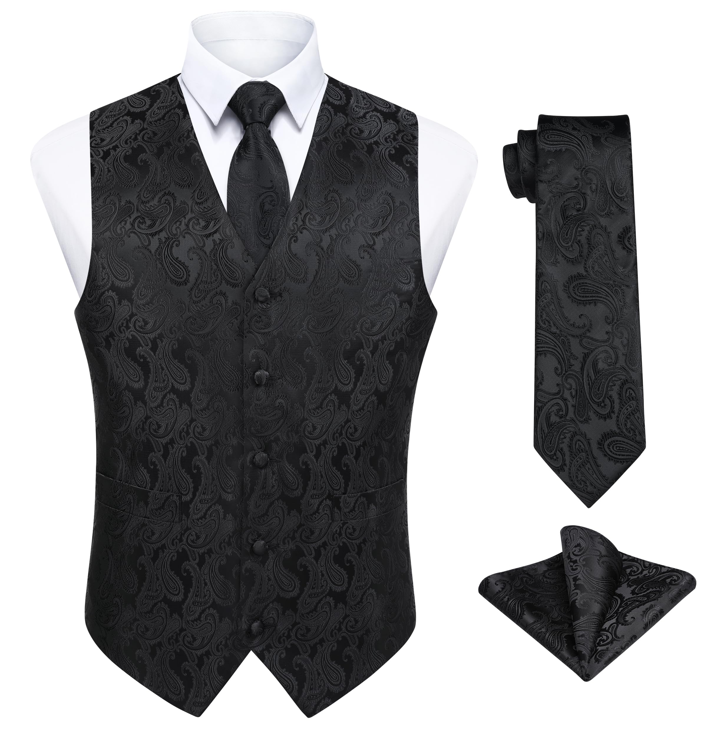 EnlisionBlack Waistcoats Paisley Wedding Waistcoat Tie Pocket Square Floral Jacquard Party Suit Vest Set