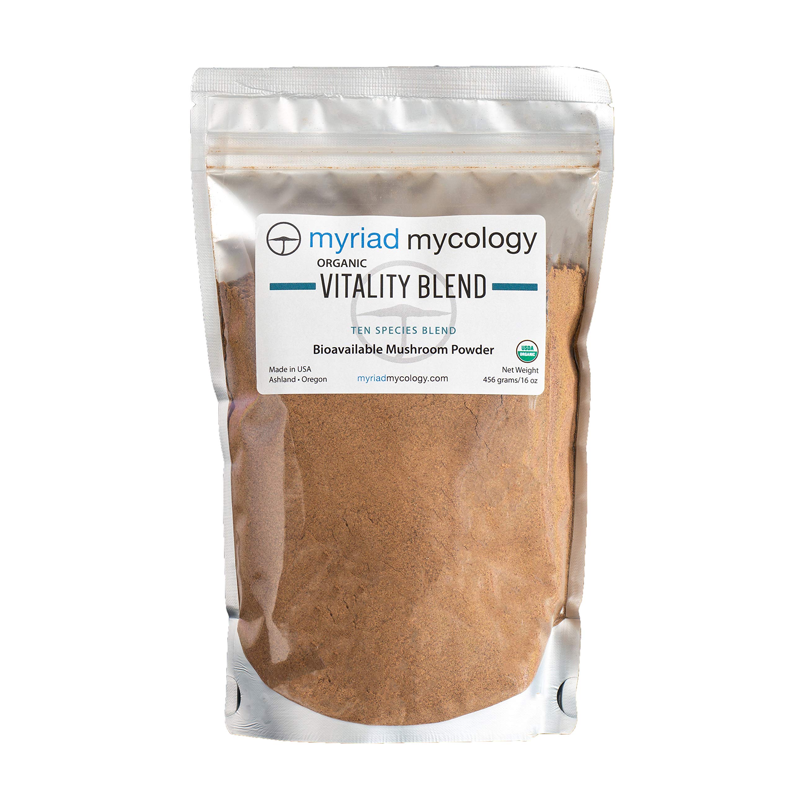 Vitality Blend - Mushroom Powder 1 Pound or 456 Grams 10 Medicinal Mushroom Powders. Lion's Mane, Cordyceps, Turkey Tail, Reishi, Chaga, Maitake, Shiitake, Blazei, Agarikon, and Mesima Sang-Huang