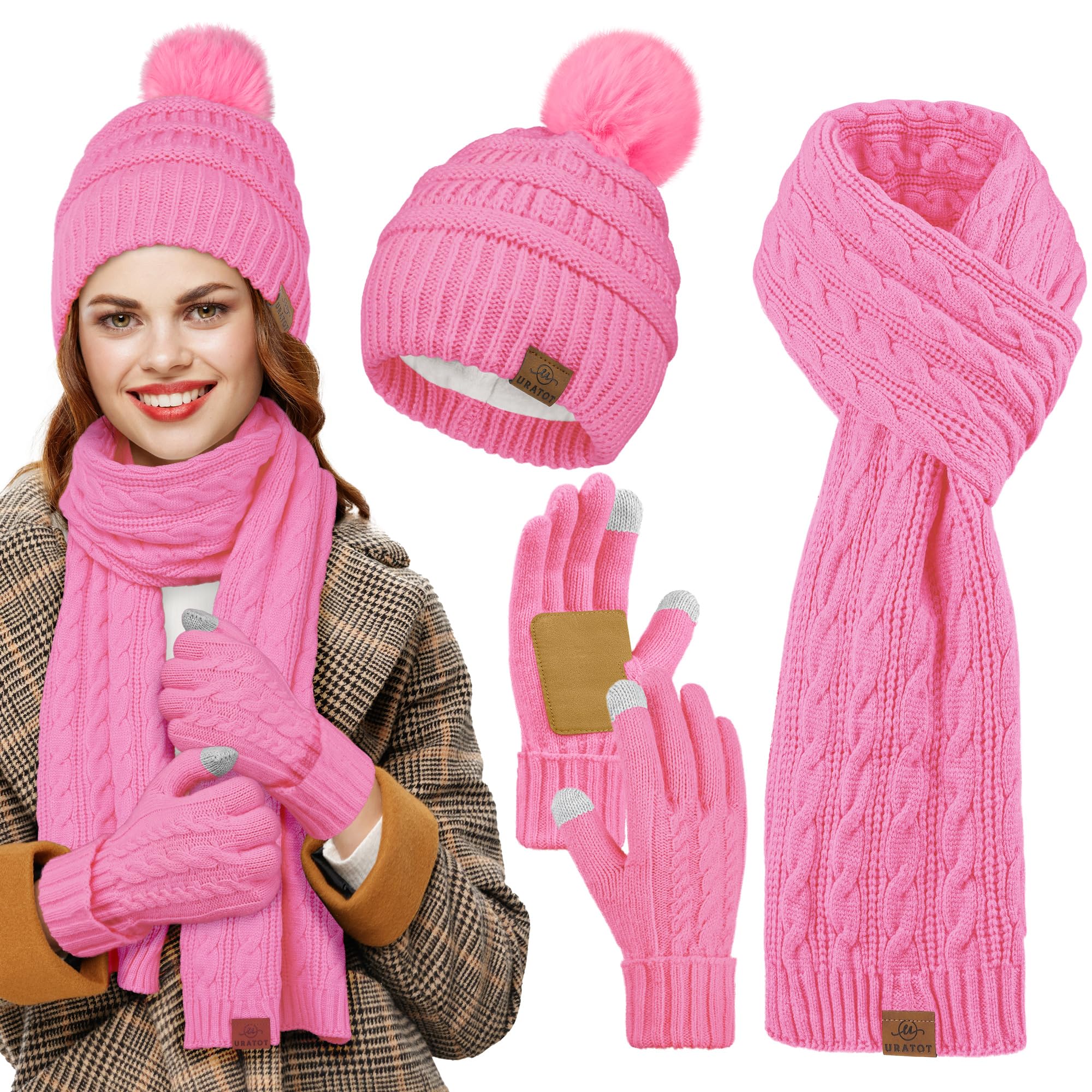 URATOT Women Winter Beanie Hat Scarf Gloves 3 in 1 Set for Women Fleece Lined Beanie Pompom Hat Touchscreen Gloves Long Scarf