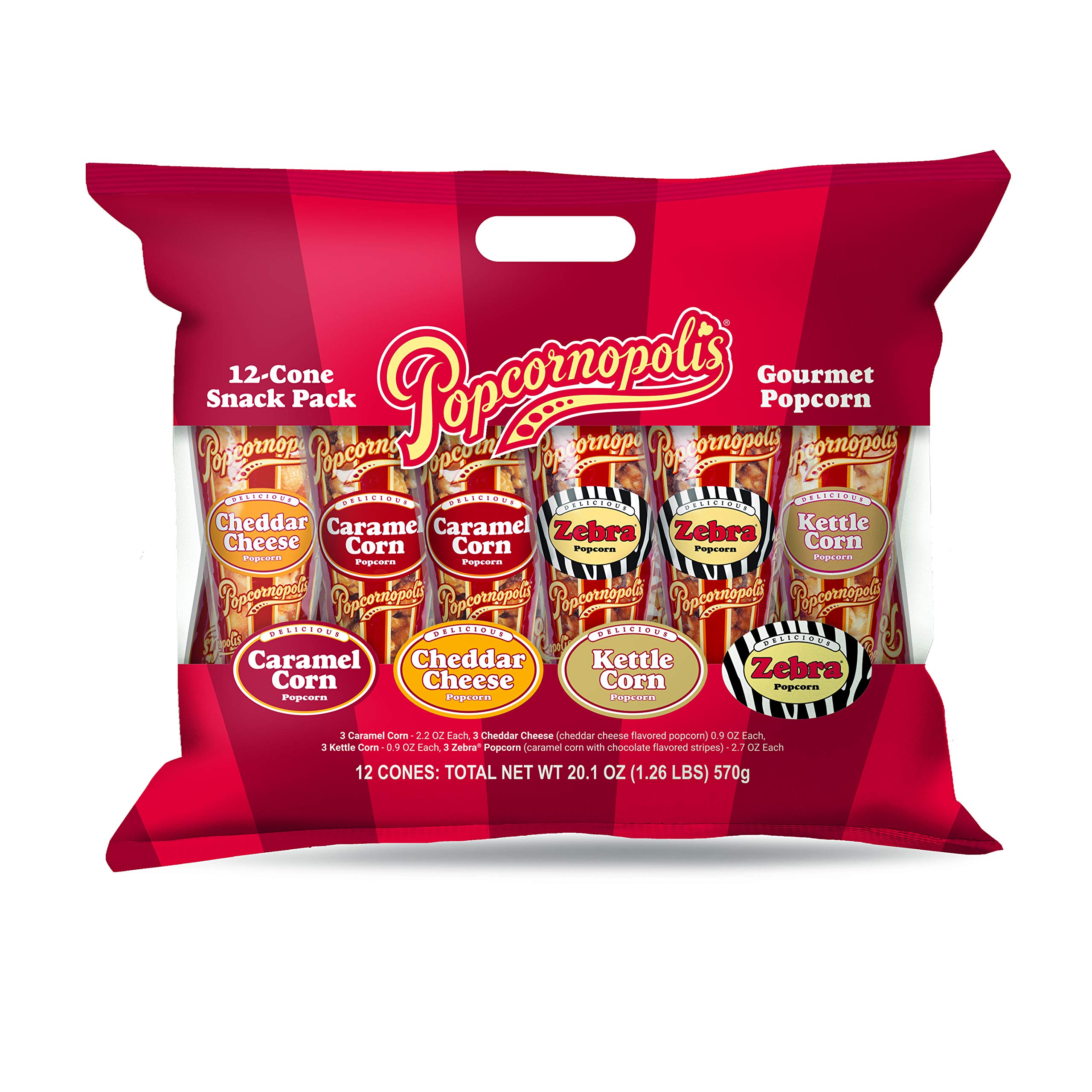 PopcornopolisGourmet Popcorn Snacks, 12 Cone Variety Snack Packs (Gift Cone), Zebra Popcorn, Cheddar Cheese Popcorn, Caramel Popcorn & Kettle Corn Popcorn