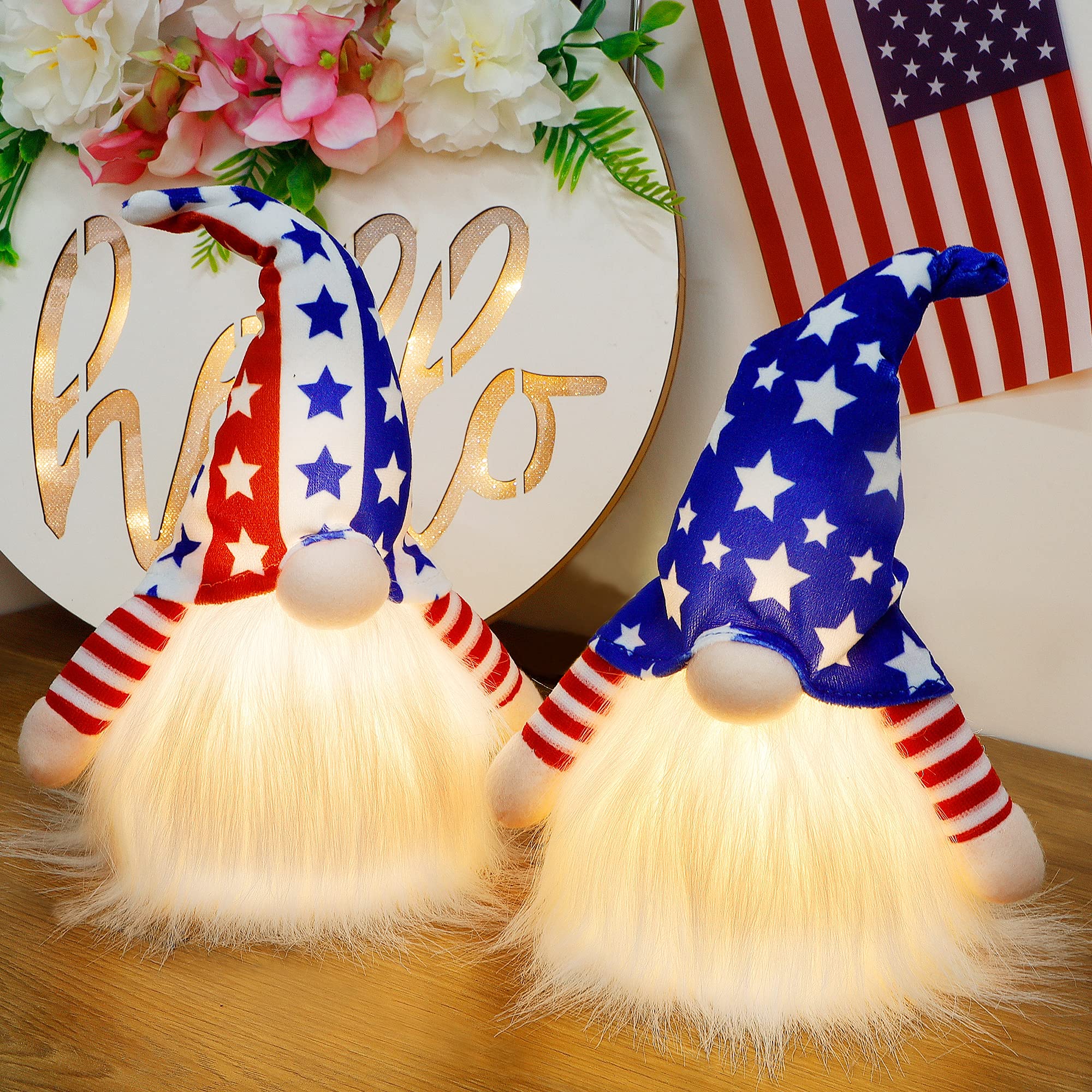 Juegoal10.5" Lighted Patriotic Plush Gnomes, 4th of July Decorations Handmade American Uncle Sam Tomte Light Up Elf, Figurine for Veterans Day Gifts, Tabletop Independence Day Holiday Decor, 2 Pack