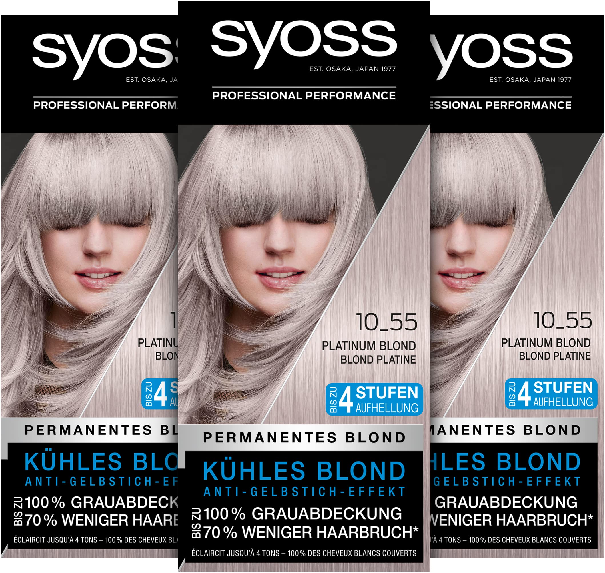 SyossColor Coloration 10_55 Platinum Blonde Brightener Level 3 (3 x 115 ml) Hair Colour with Anti-Yellowing Effect for Cool Blonde, 70% Less Hair Breakage