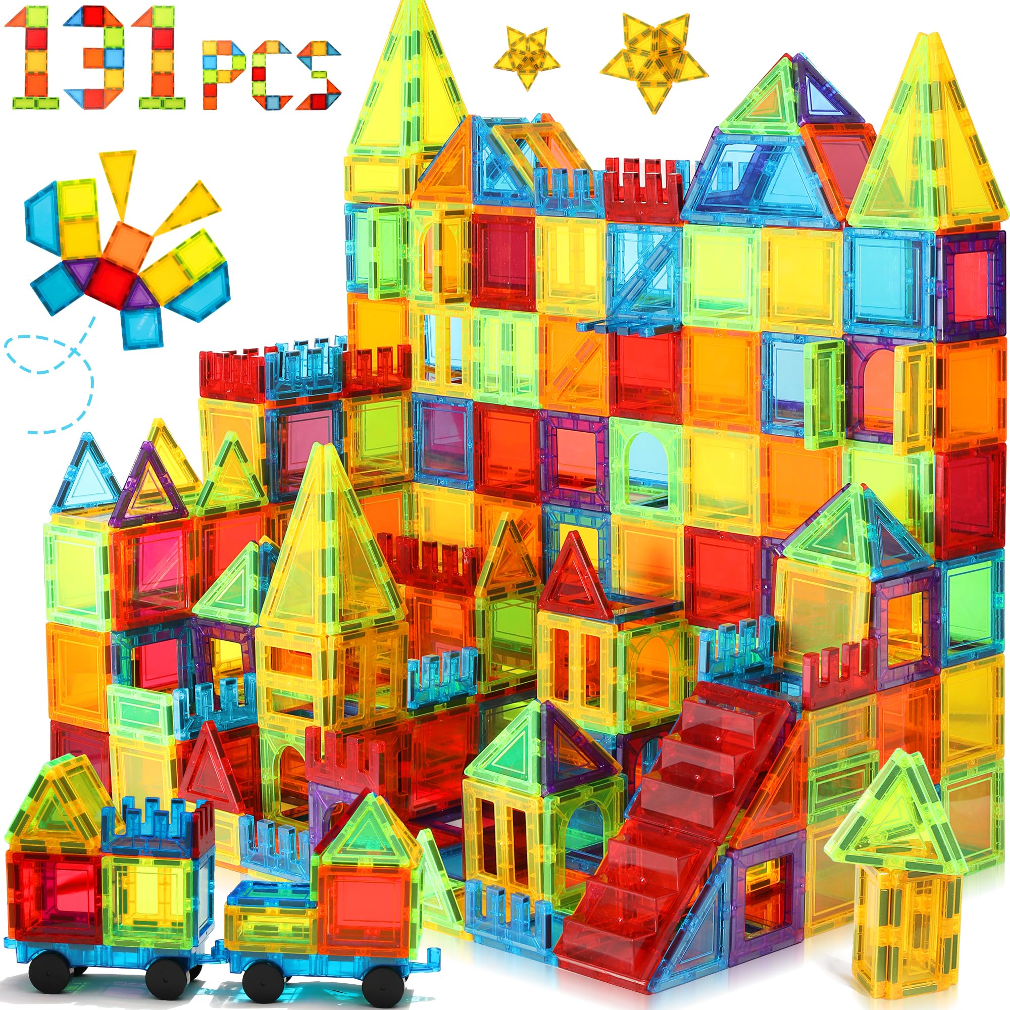 Magnetic Tiles, 131PCS Magnetic Blocks with 2 Cars, Learning Magnetic Building Blocks Sets, Educational Magnets Tiles Toys for Boys Girls Kids Ages 3 4 5 6 7 8 9+ Year Old