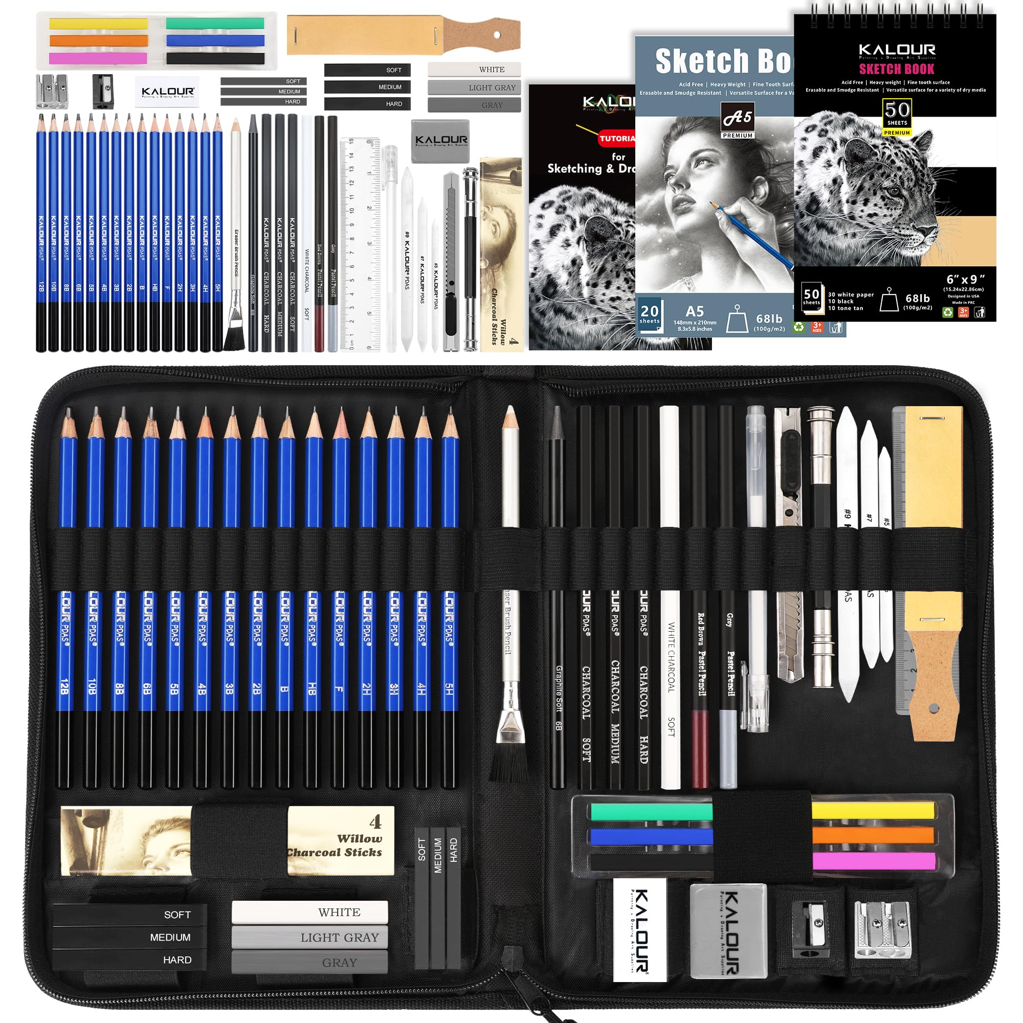 KALOUR 58 Pack Drawing Set Sketch Kit, Sketching Supplies with 3-Color Sketchbook, A5 SketchBook, Tutorial, Graphite & Charcoal Pencils, Pro Art Drawing Kit for Artists Adults