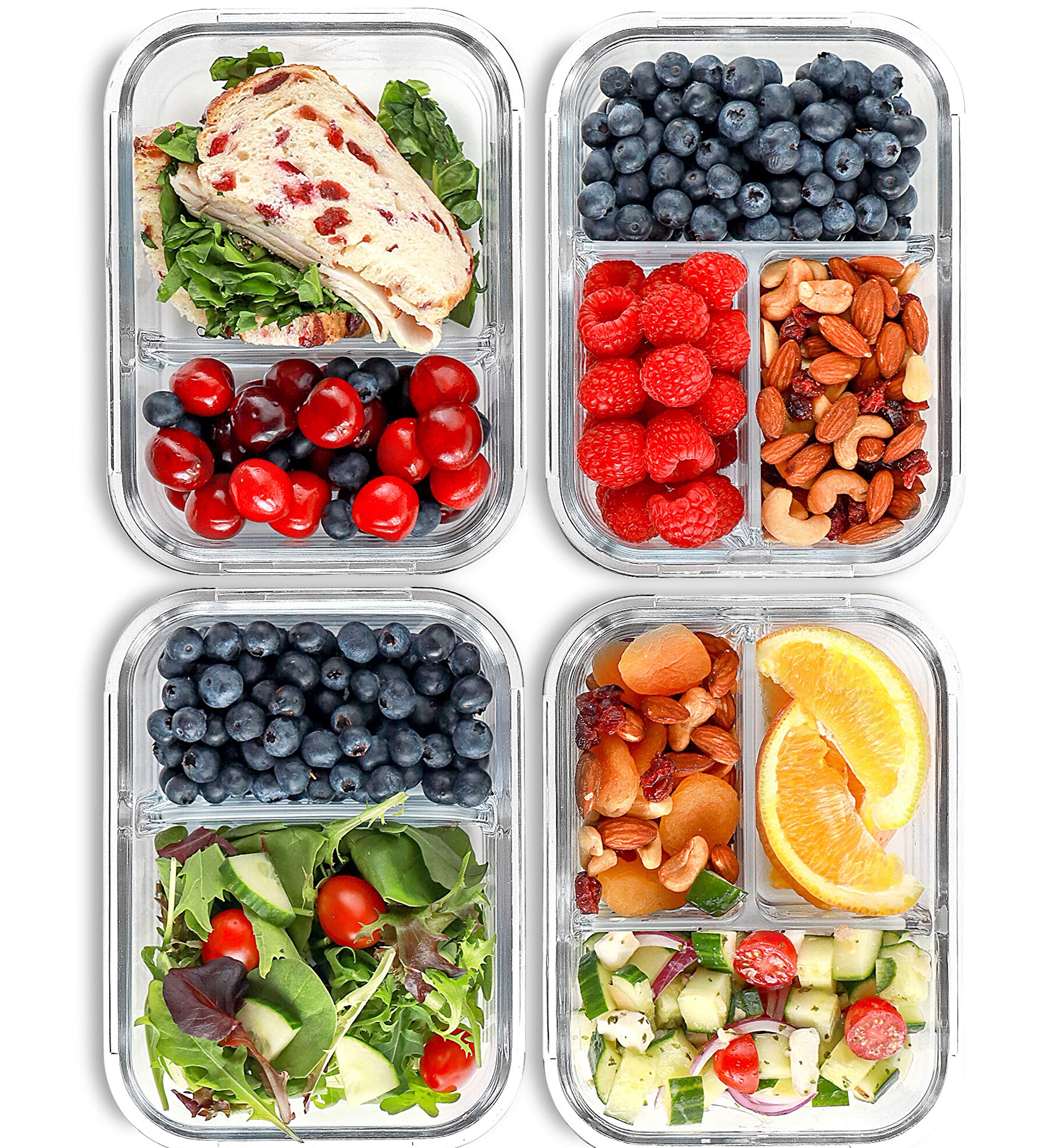 Fit Strong & Healthy Glass Meal Prep Containers 2 and 3 Compartments (4 Pack, 32 oz) - Glass Food Storage Containers with Lids, Glass Bento Box, Portion Control, Airtight, Oven Safe