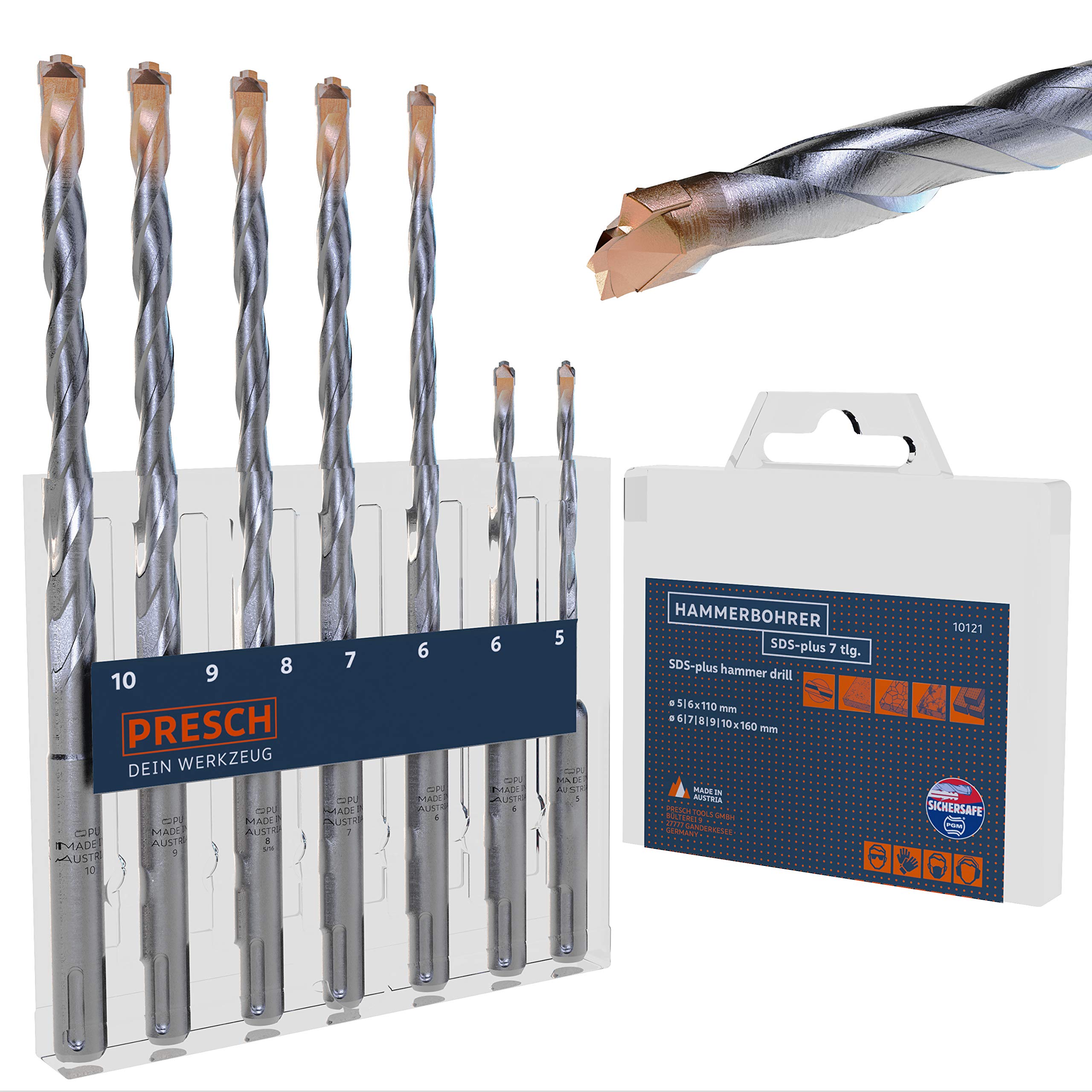 Presch SDS-plus Carbide Drill Bit Set 7 pcs - Hammer Drill Bit Set SDS for Concrete, Stone, Granite, Brick and Masonry - SDS Drill Bits - Concrete Drill Bit SDS Plus - Ø 5-10mm