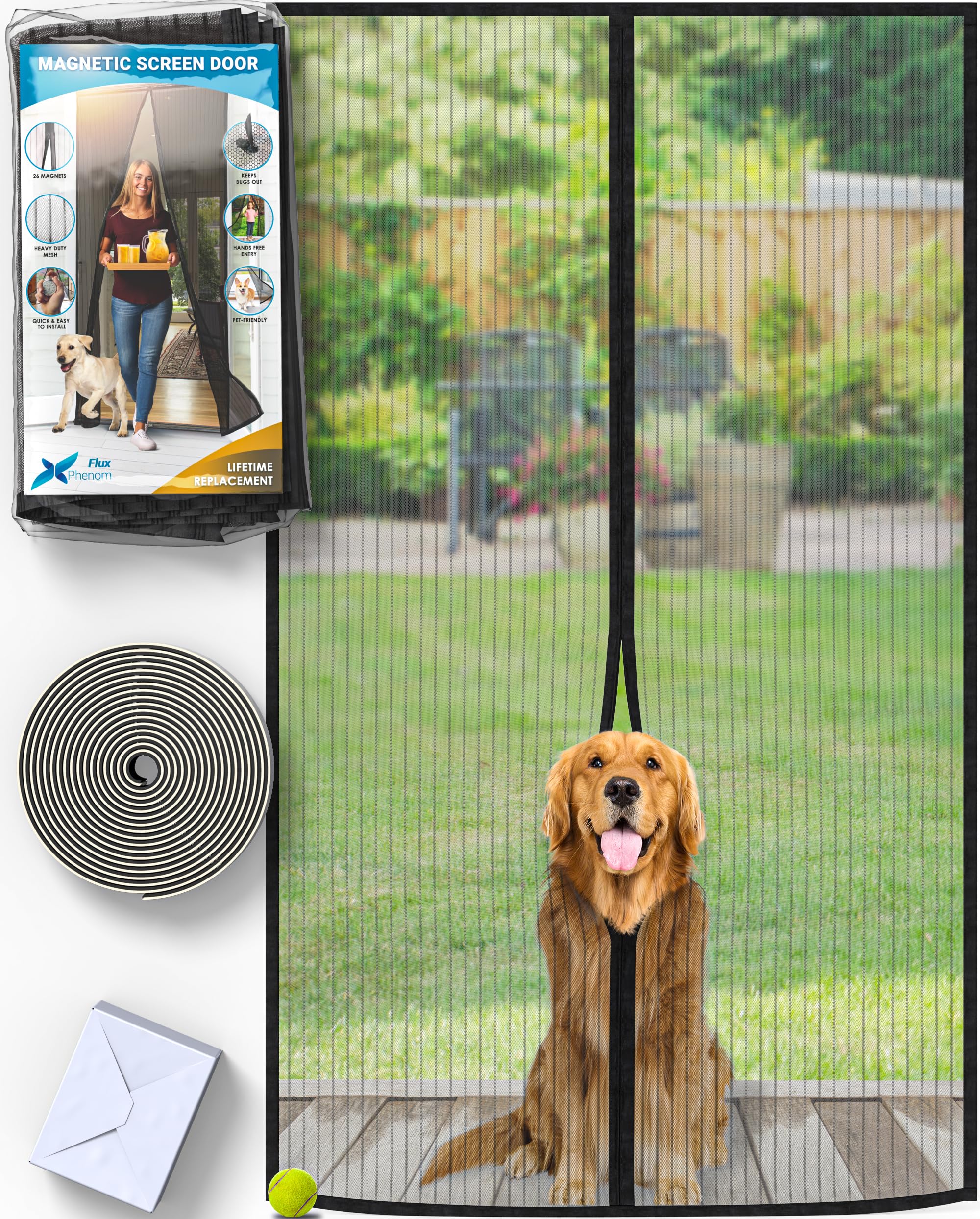 FLUX Magnetic Screen Door - Self-Sealing, Pet-Friendly, Keeps Bugs Out - Fits Doors Up To 38"x82", Door Screen Magnetic Closure, Hands-Free Patio Screen Door Mesh Partition