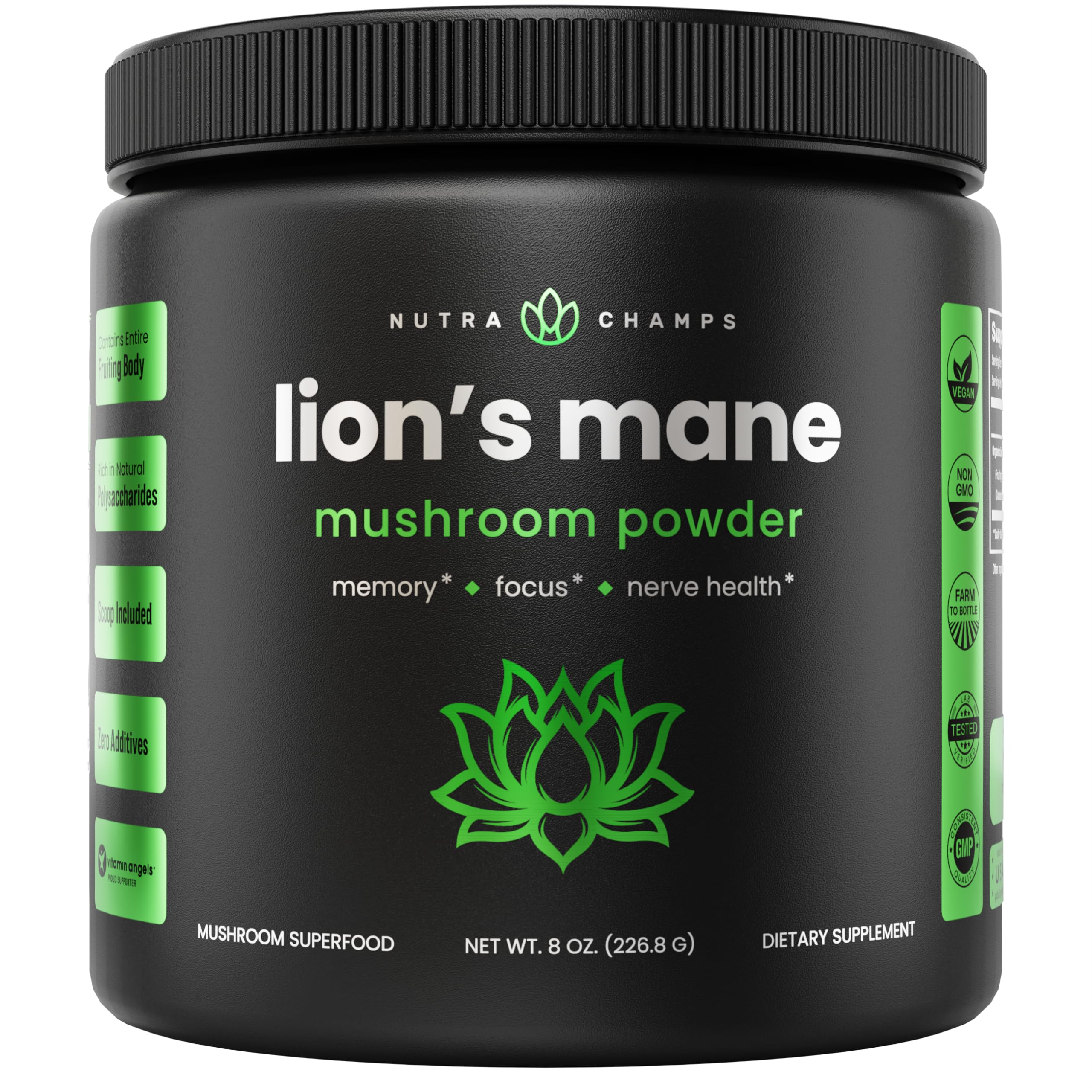 NutraChamps Organic Lions Mane Powder - 2000mg Powerful Nootropic for Memory, Focus, Immune Support - Vegan Lion’s Mane Mushroom Powder Supplement with Naturally Occurring Beta-Glucans - 8oz