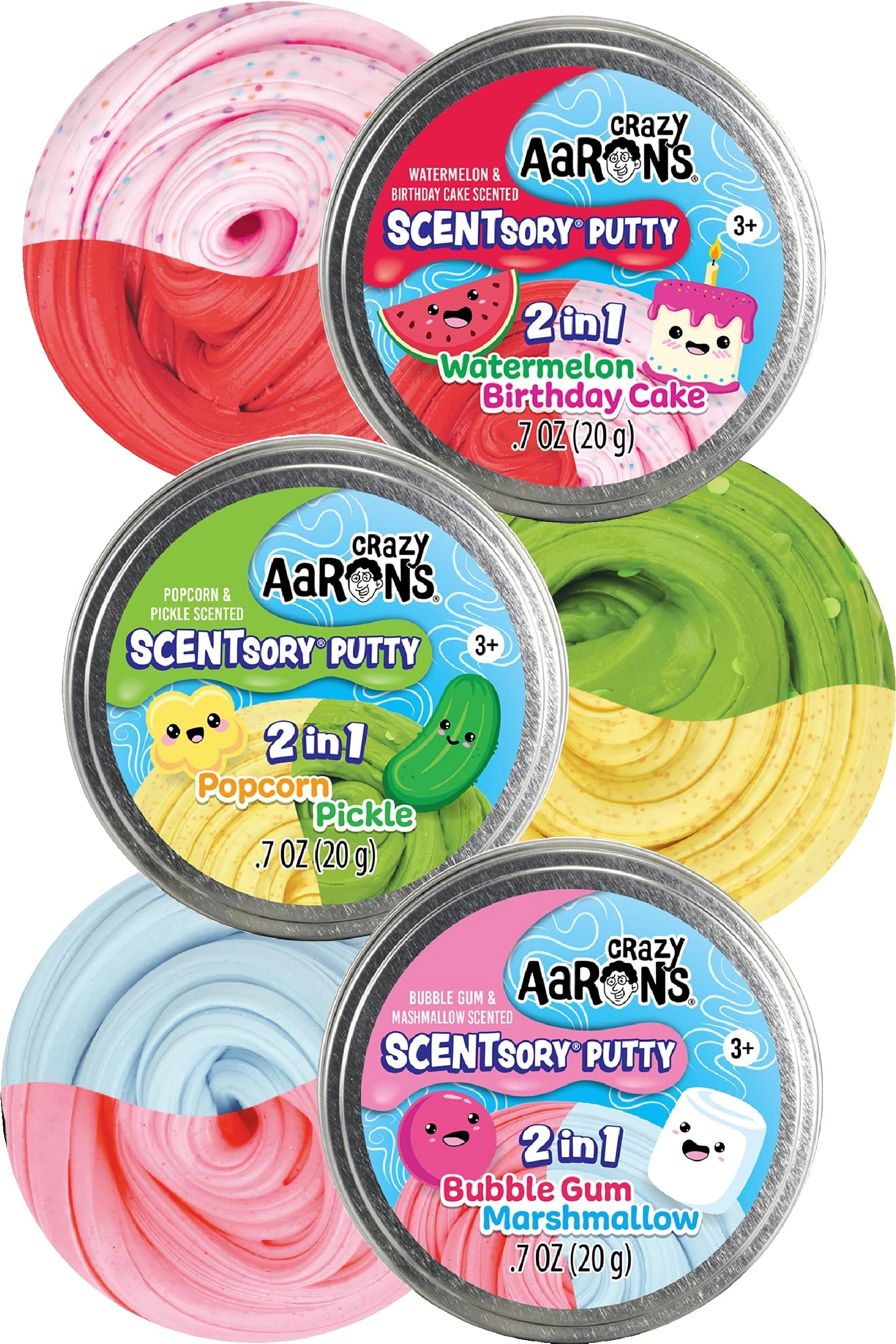 Crazy Aaron's SCENTsory Putty 2 in 1 Bubble Gum/Marshmallow, Popcorn/Pickle and Watermellon/Birthday Cake Gift Set Bundle - 3 Pack (20g Each)