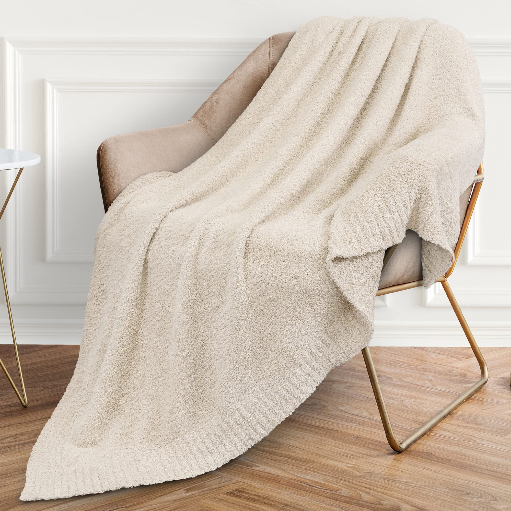 PAVILIAPlush Knit Throw Blanket for Couch, Super Soft Fluffy Throw, Fuzzy Lightweight Blanket for Bed Sofa, Knitted Warm Cozy All Season Throw Blanket (Cream Beige, 50x60 inches)