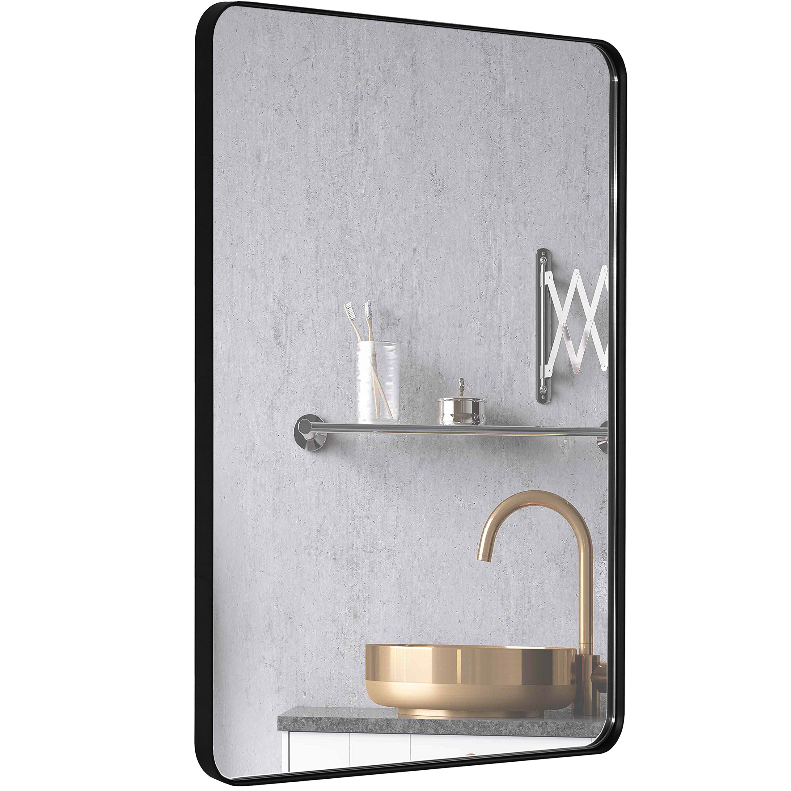 DOHEEM Wall Mirror for Bathroom - Rounded Corner Mirror Black Metal Frame 20" X 30" Hangs Horizontal Or Vertical