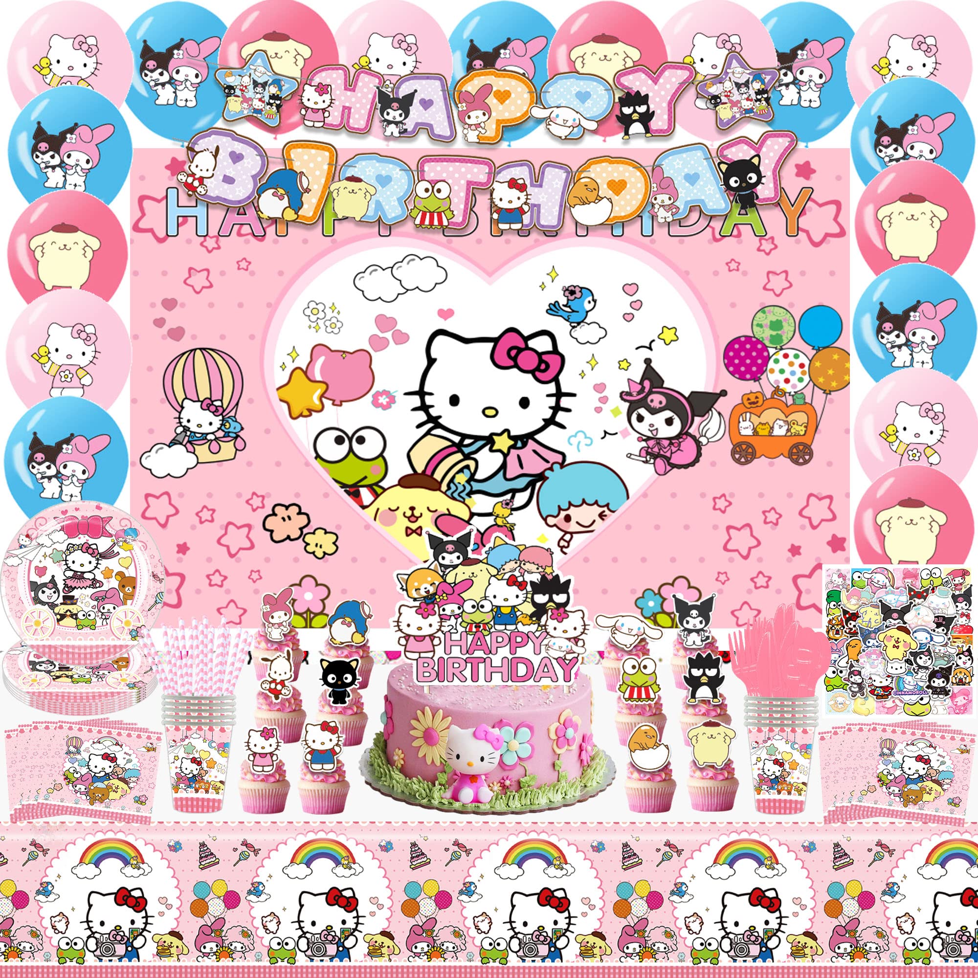 Kitty Birthday Party Supplies, Cute Party Decorations 197 Pcs includes Set Include Happy Birthday Banner, Backdrop, Balloons, Tableware, Cupcake Toppers for Girls