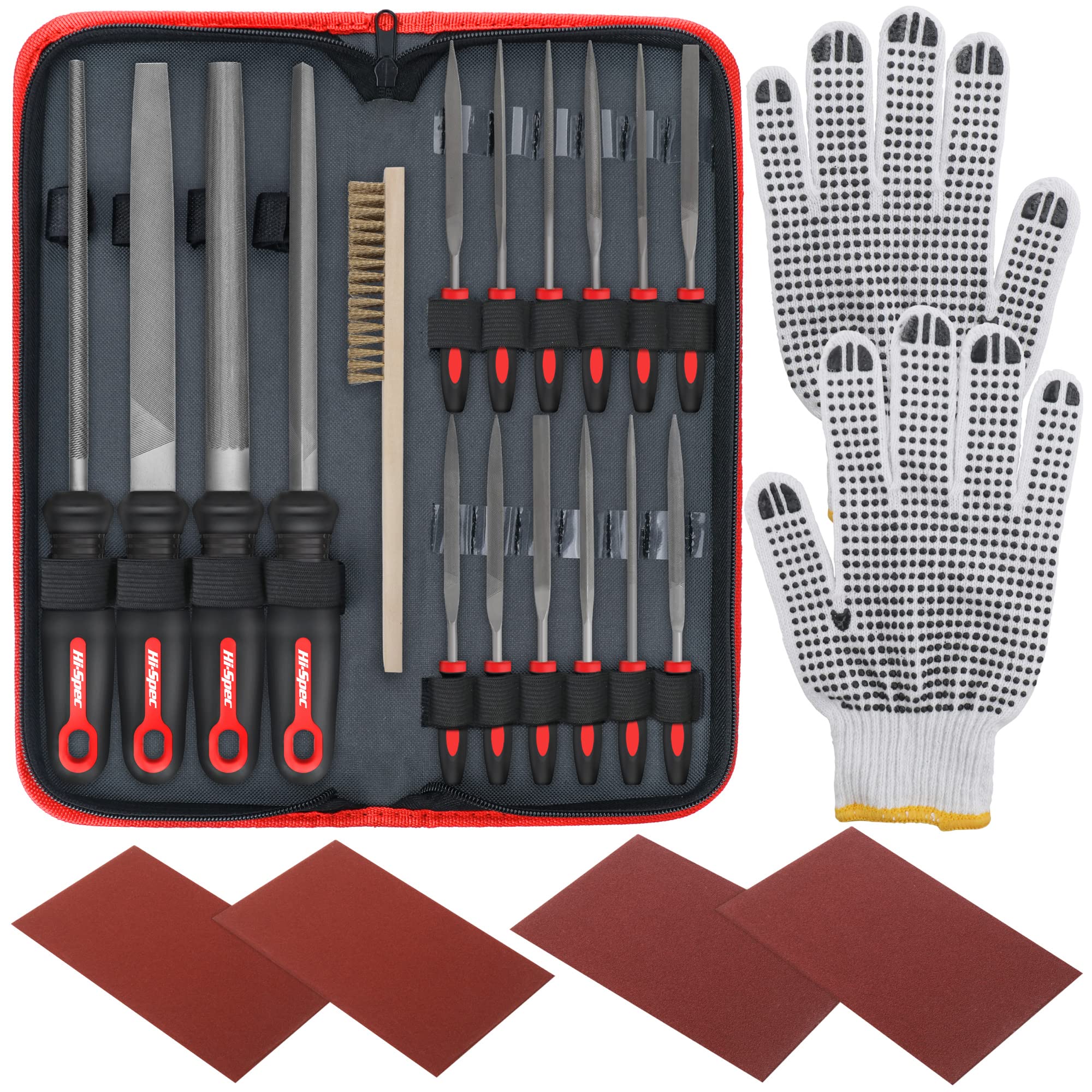 Hi-Spec17 Piece Metal Hand & Needle File Tool Kit Set. Large & Small Mini T12 Carbon Steel Flat, Half-Round, Round & Triangle Files. Complete in a Zipper Case with a Brush