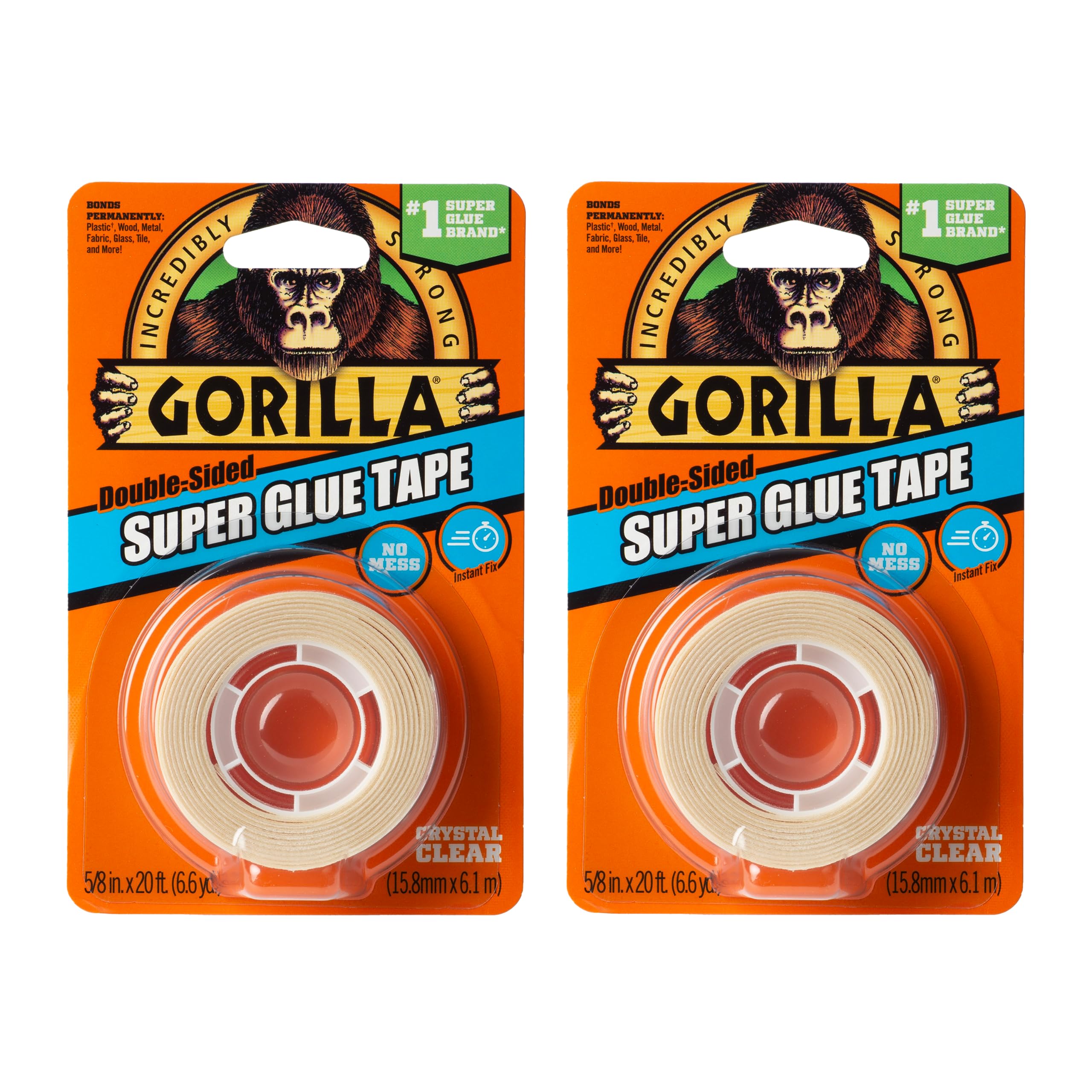 GorillaSuper Glue Tape, Multi-Purpose, Permanent, Double Sided, High Tack, 5/8in x 20ft, Clear (Pack of 2)