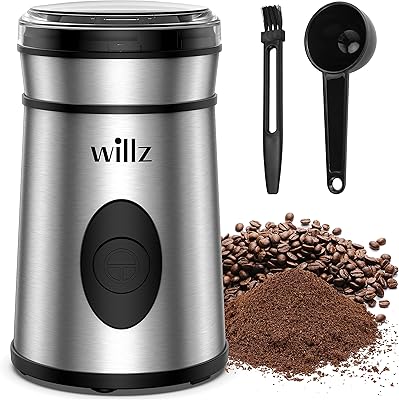 Willz Electric Coffee Grinder for Coffee Beans, Spices, & Herbs with Easy On/Off Button Control, 50g Grinding Capacity, Makes up to 6 cups, 200W, Stainless Steel