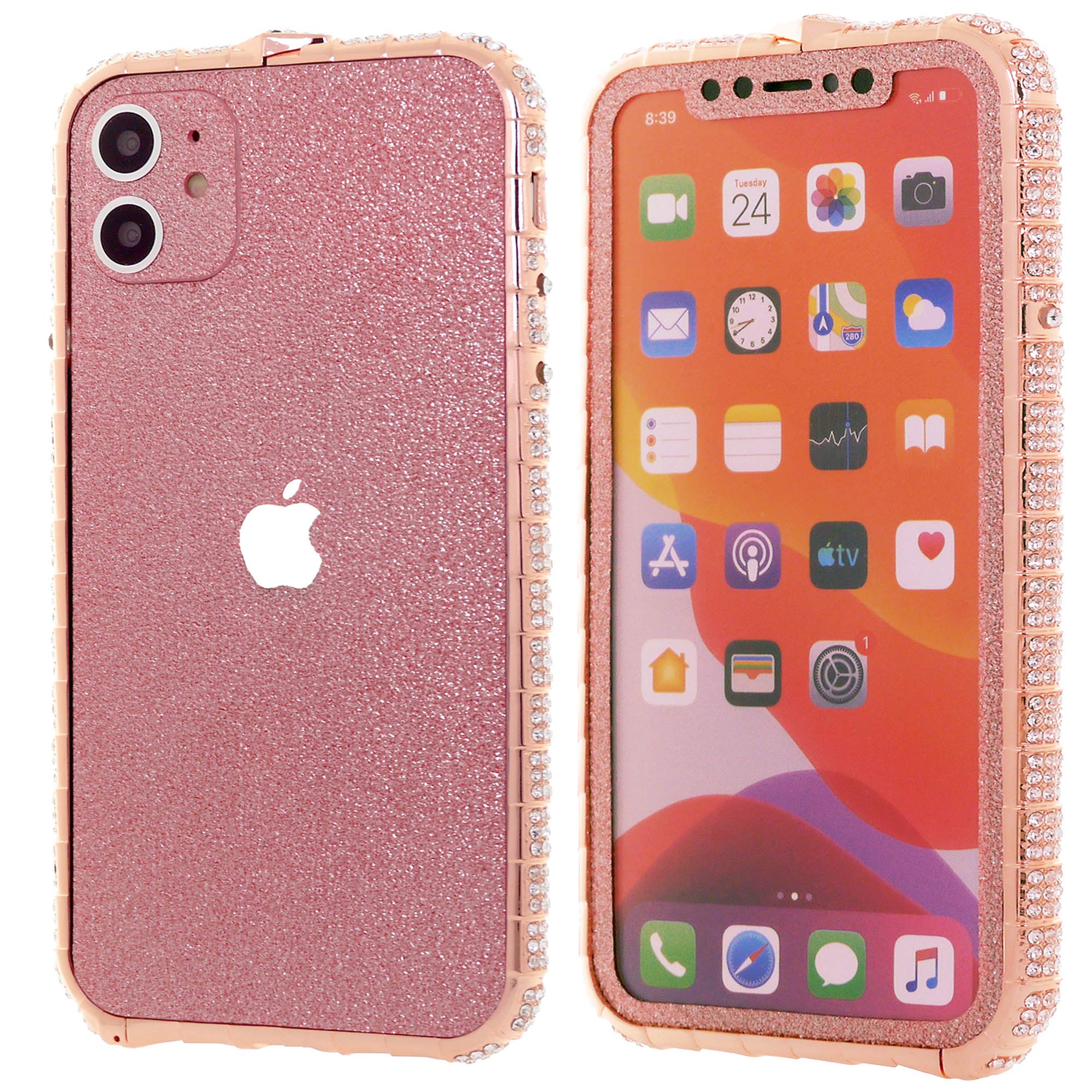 iPhone 11 Pro Bumper Case for Women, DMaos Sparkly Diamond Metal Bumper with Front and Back Glitter Sticker, Premium for iPhone11 Pro 5.8 inch 2019 - Rose Gold