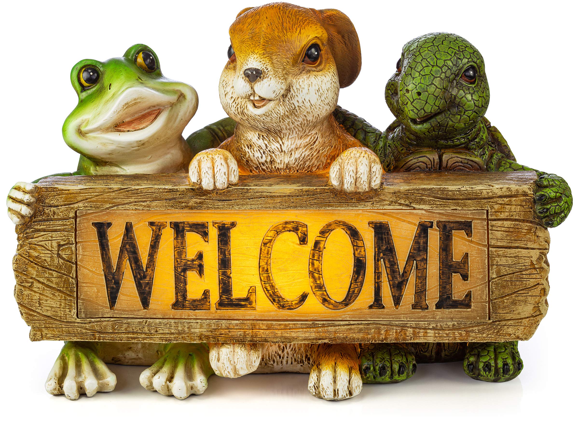 VP Home Backyard Friends Welcome Sign Frog Rabbit Turtle Solar Powered LED Outdoor Decor Garden Light Welcome gnome Statues Outdoor gnome decor Funny Figurine Decor for Outside Patio, Yard, Lawn