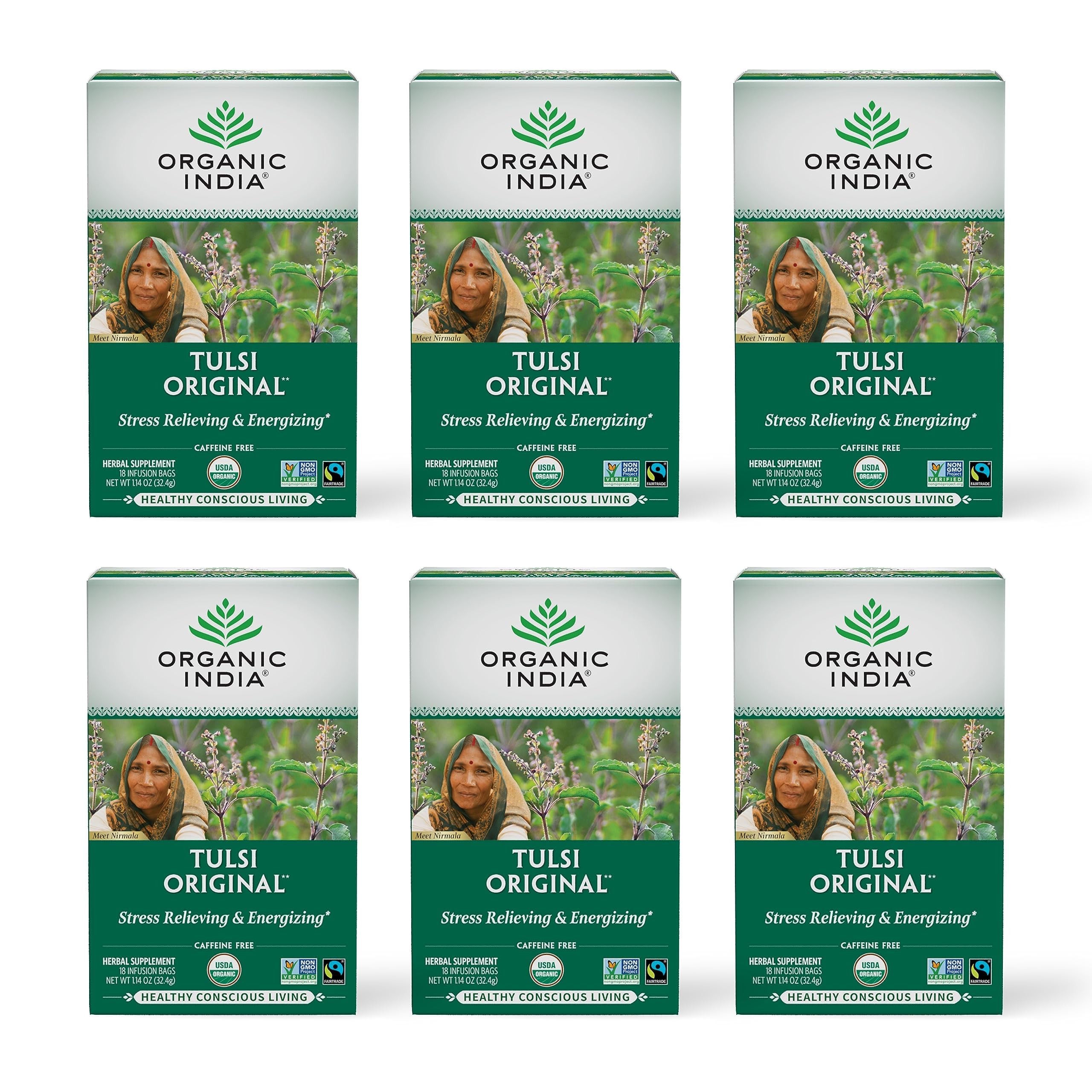 ORGANIC INDIA Tulsi Original Herbal Tea - Holy Basil and African Basil Calming and Stress Relief Tea, Immune Support, USDA Certified Organic, Non-GMO, Caffeine-Free - 18 Infusion Bags, 6 Pack