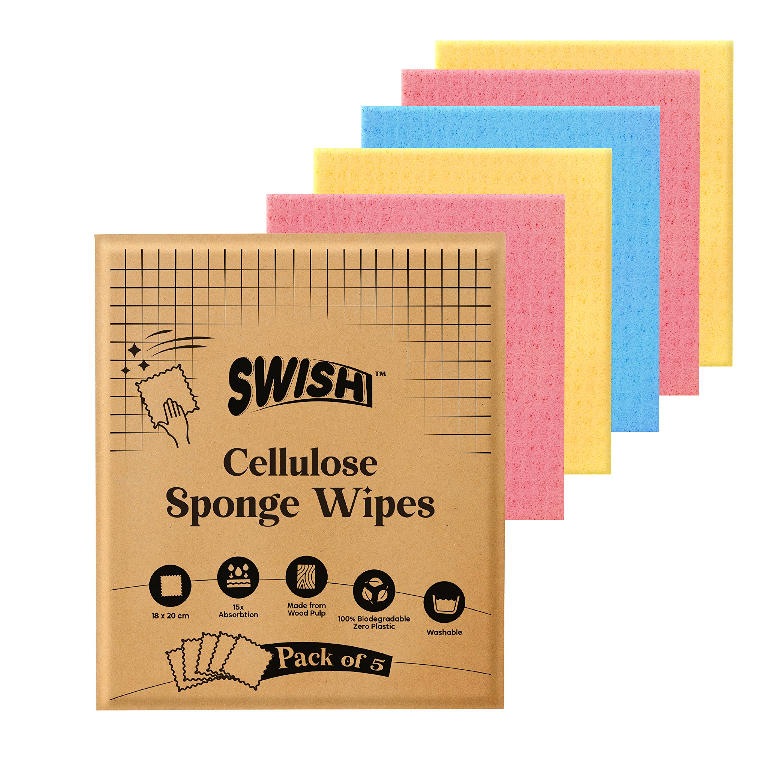 Swish Multi-Purpose Sponge Wipes (Pack of 5) | Reusable Kitchen Cleaning Sponge - 10x Absorbent | Multipupose Washable Sponge Wipes for Dry & Wet Use | Natural Cellulose Sponge Wipes for Kitchen