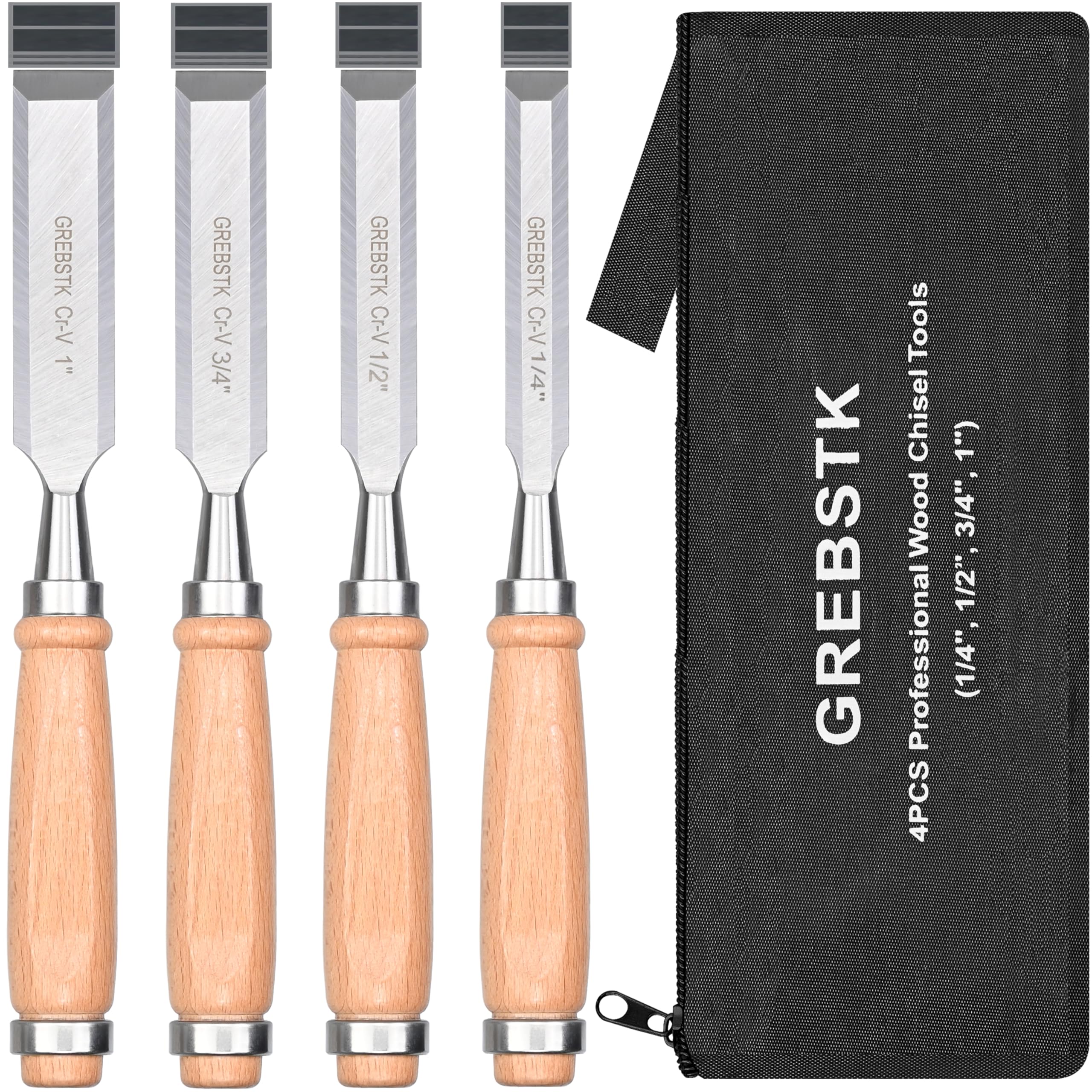 GREBSTK Professional Wood Chisel Set with Oxford Bag for Woodworking, CR-V Steel Chisel, Comfortable Beech Handle Wood Chisel, 4 Piece