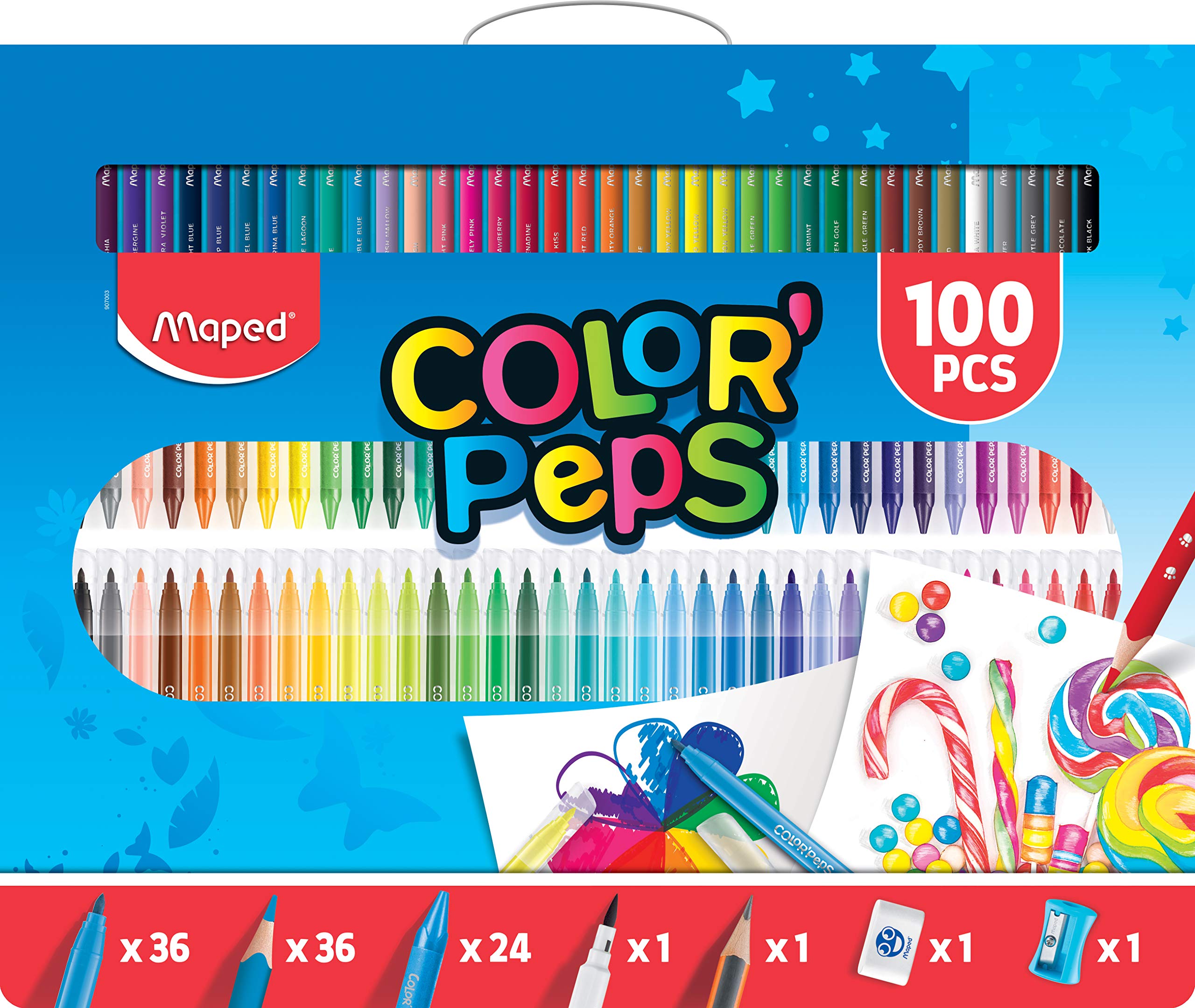 Maped Color' Peps 100 Piece Colouring Set & Carry Case (x36 Pencils, x36 Felt Tips, x24 Crayons, Board Marker, HB Pencil, Eraser and Sharpener), ASSORTED 907003