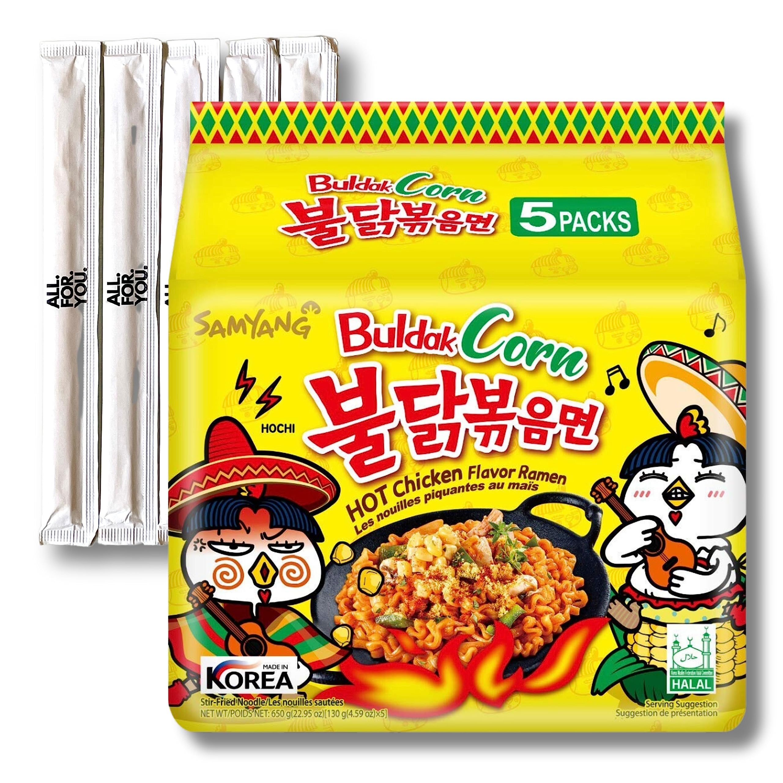 Buldak Ramen Noodles - Corn Flavor - 5 Pack - Spicy Ramen Noodles Samyang Buldak Ramen Korean Spicy Hot Chicken Stir-Fried Noodles Bundle with 5 ALL.FOR.YOU. Branded Chopsticks