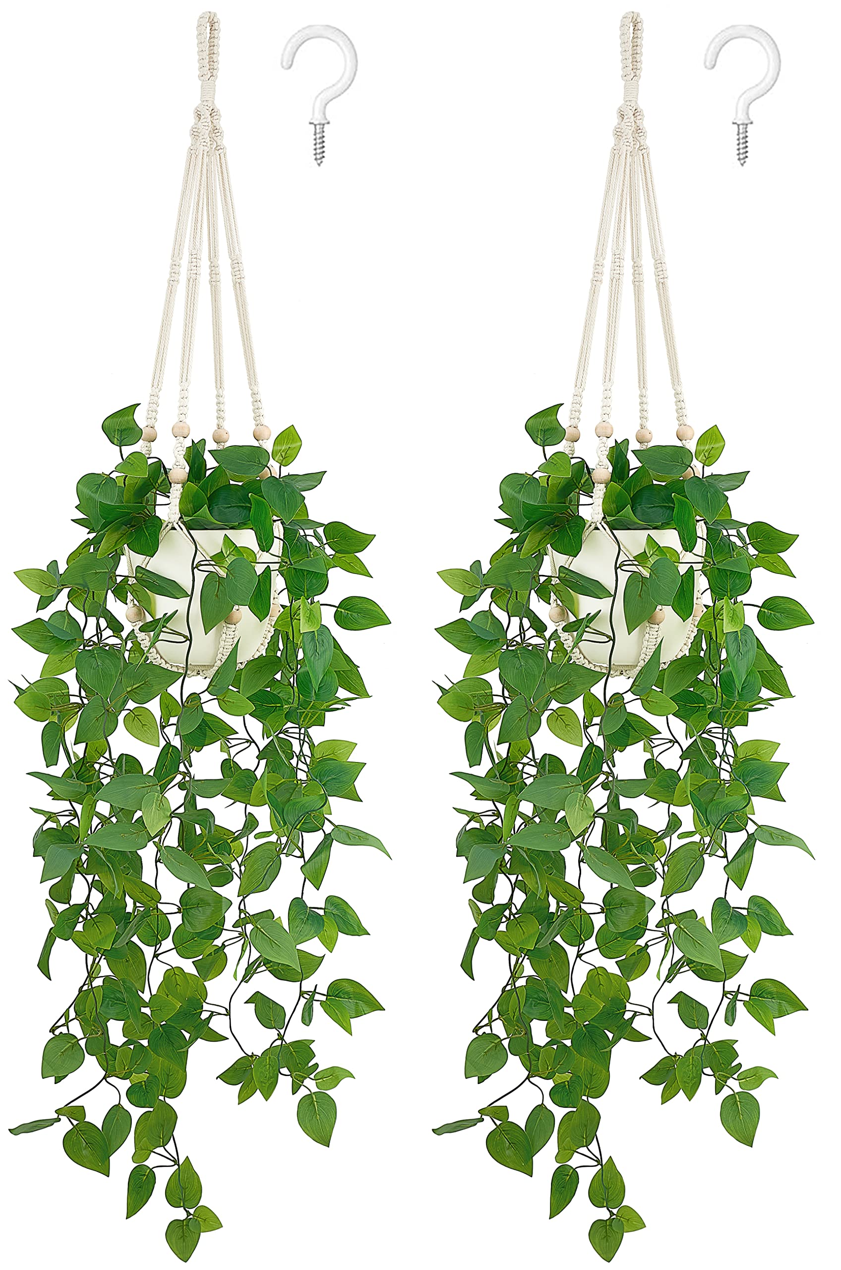 Mkono2 Packs Fake Hanging Plant with Pot, Artificial Plants Macrame Plant Hanger Fake Vine Greenery for Bedroom Bathroom Home Office Decor