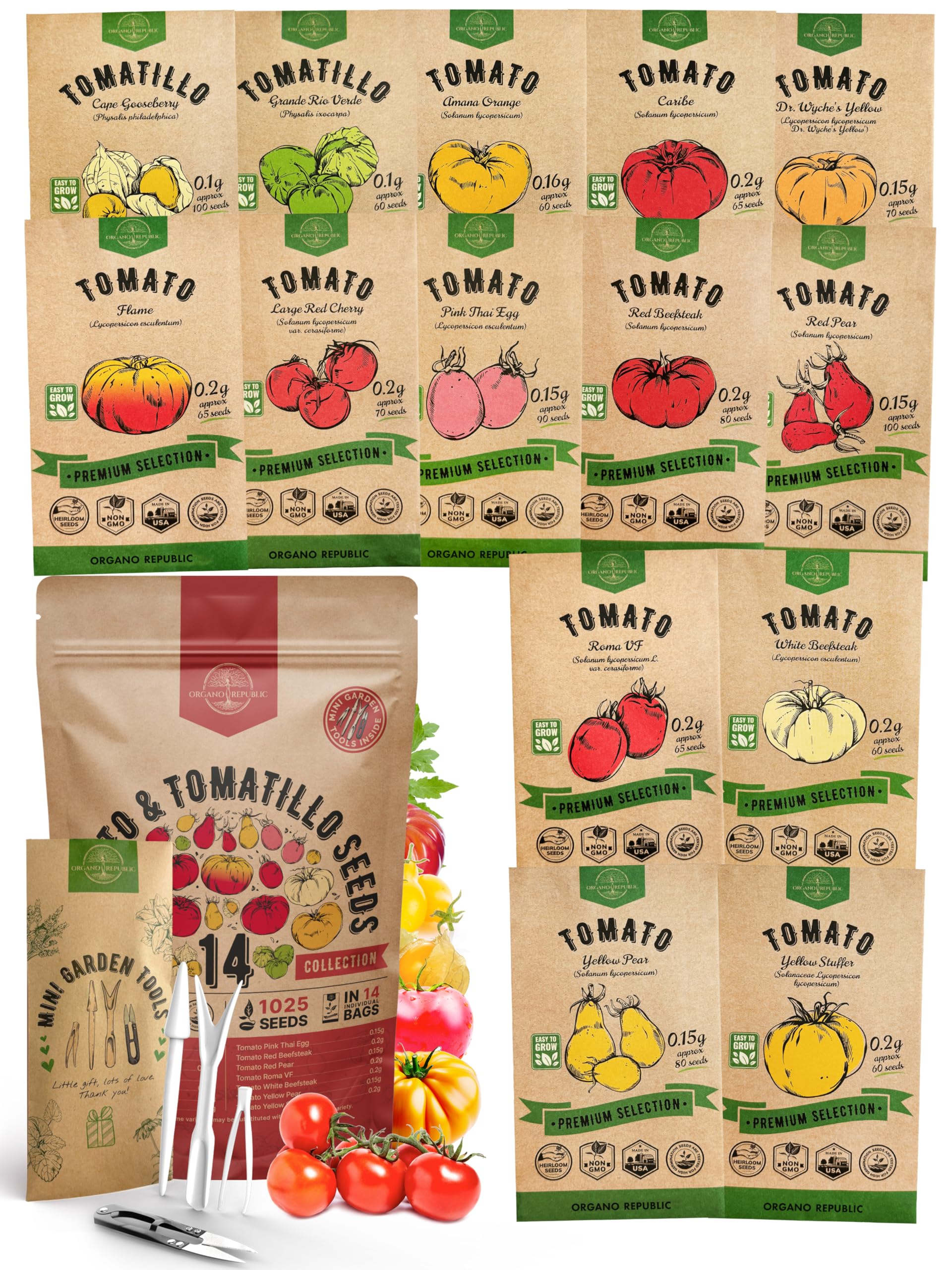 Organo Republic 14 Rare Tomato & Tomatillo Garden Seeds Variety Pack for Outdoors & Indoor Home Gardening 800+ Non-GMO Heirloom Tomato & Tomatillo Seeds: Beefsteak, Roma, Pear, Thai, Cherry Tomatoes