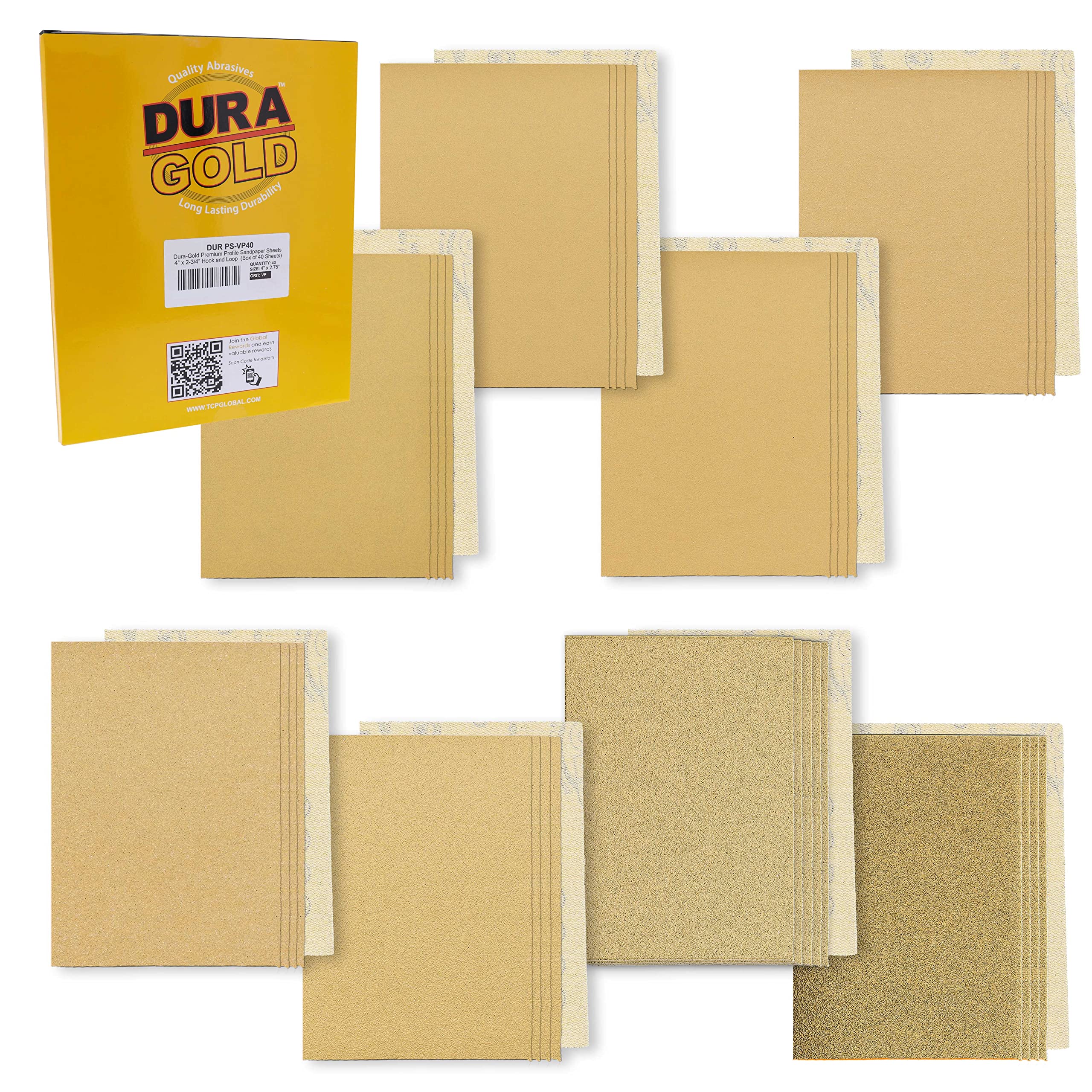 Dura-Gold Premium 60, 80, 120, 180, 220, 320, 400, 600 Grit 4" x 2.75" Size Gold Sandpaper with Hook & Loop Backing, 5 Each/40 Total - Wood Woodworking Automotive, Sanders