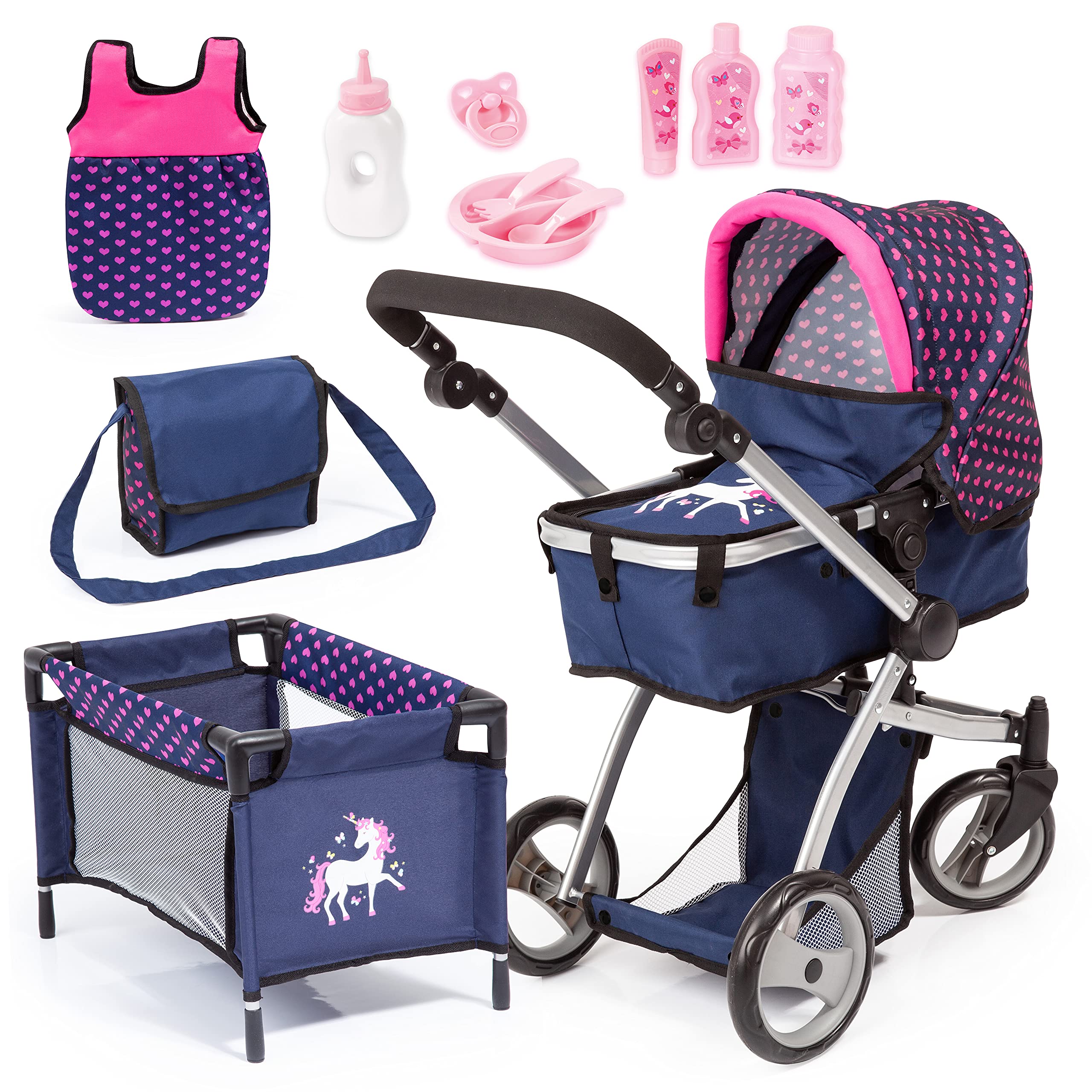 Bayer DesignHuge pram Jogger Sport, Dolls Stroller, Height Adjustable, Mega Set with Lots of Accessories, Travel Bed, Shoulder Bag and Much More Blue, Pink 67x 36 x 74 cm 18354AC