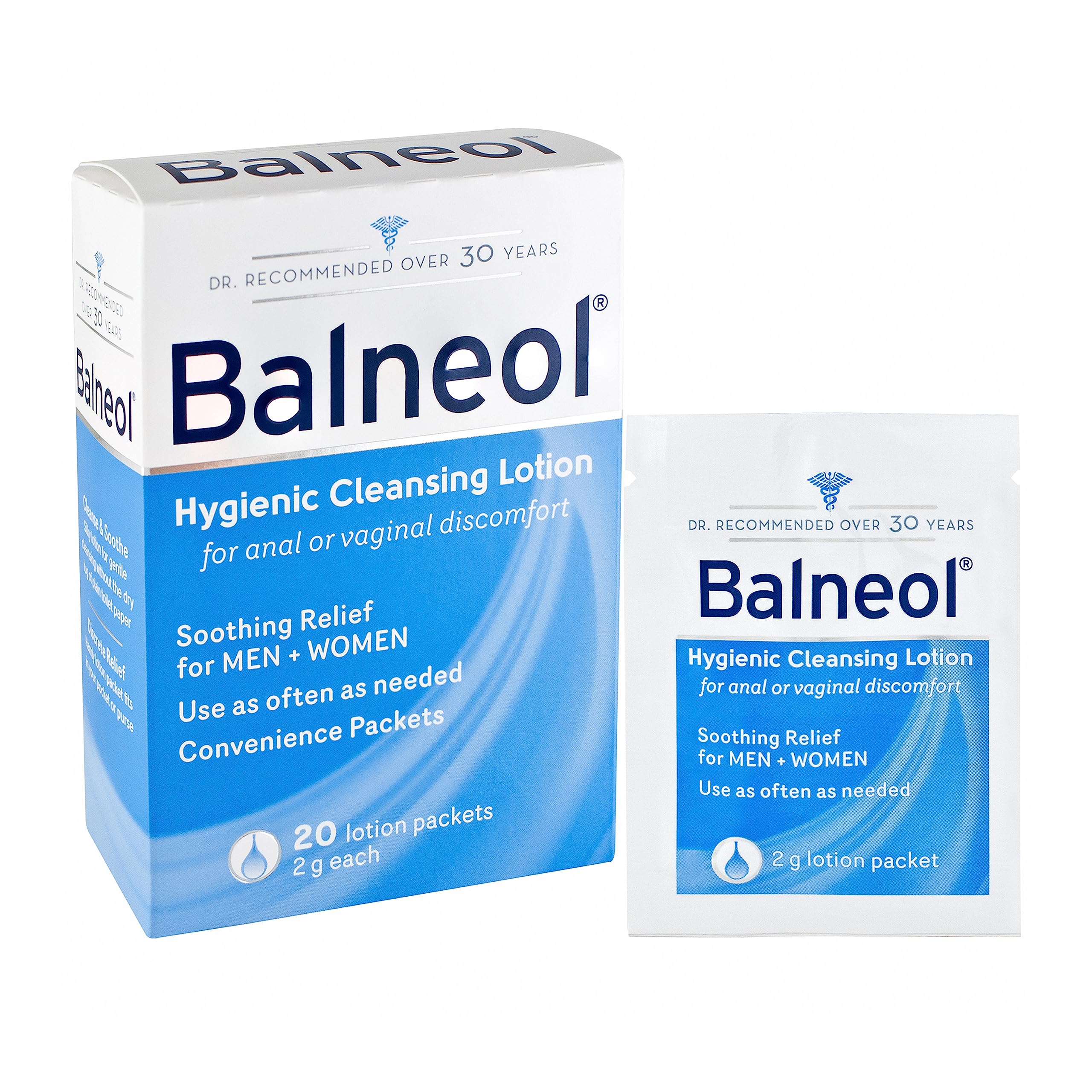 BALNEOL Hygienic Cleansing Lotion Packets, Men & Women, Cleans, Soothes & Moisturizes, Relieves Anal & Vaginal Irritation & Itching, Safe For Pregnancy, Post-partum, Diarrhea & Hemorrhoids, 2G x 20 Ct